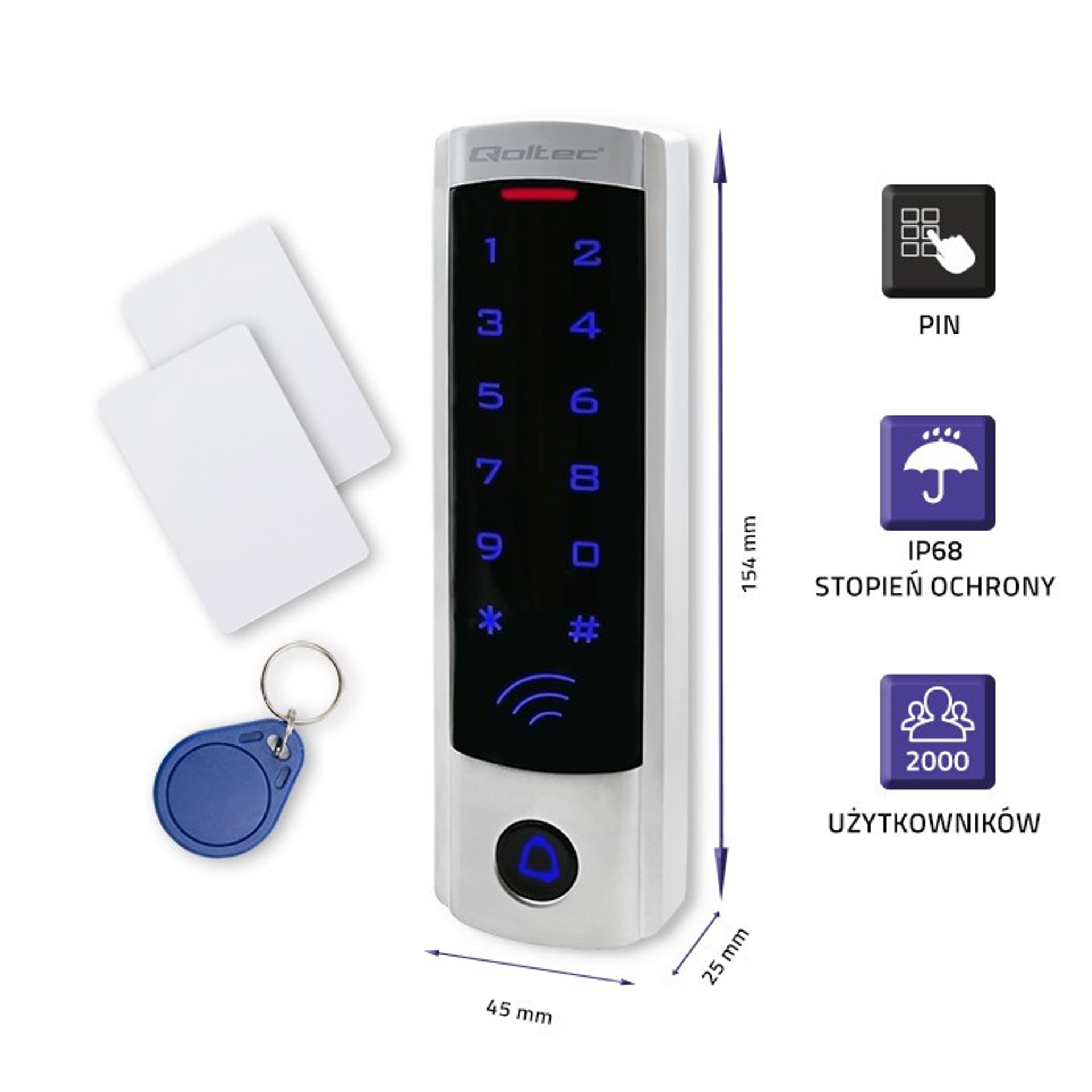 

Zamek szyfrowy DIONE z czytnikiem RFID | kod | karta | brelok | dzwonek IP68 | EM | slim