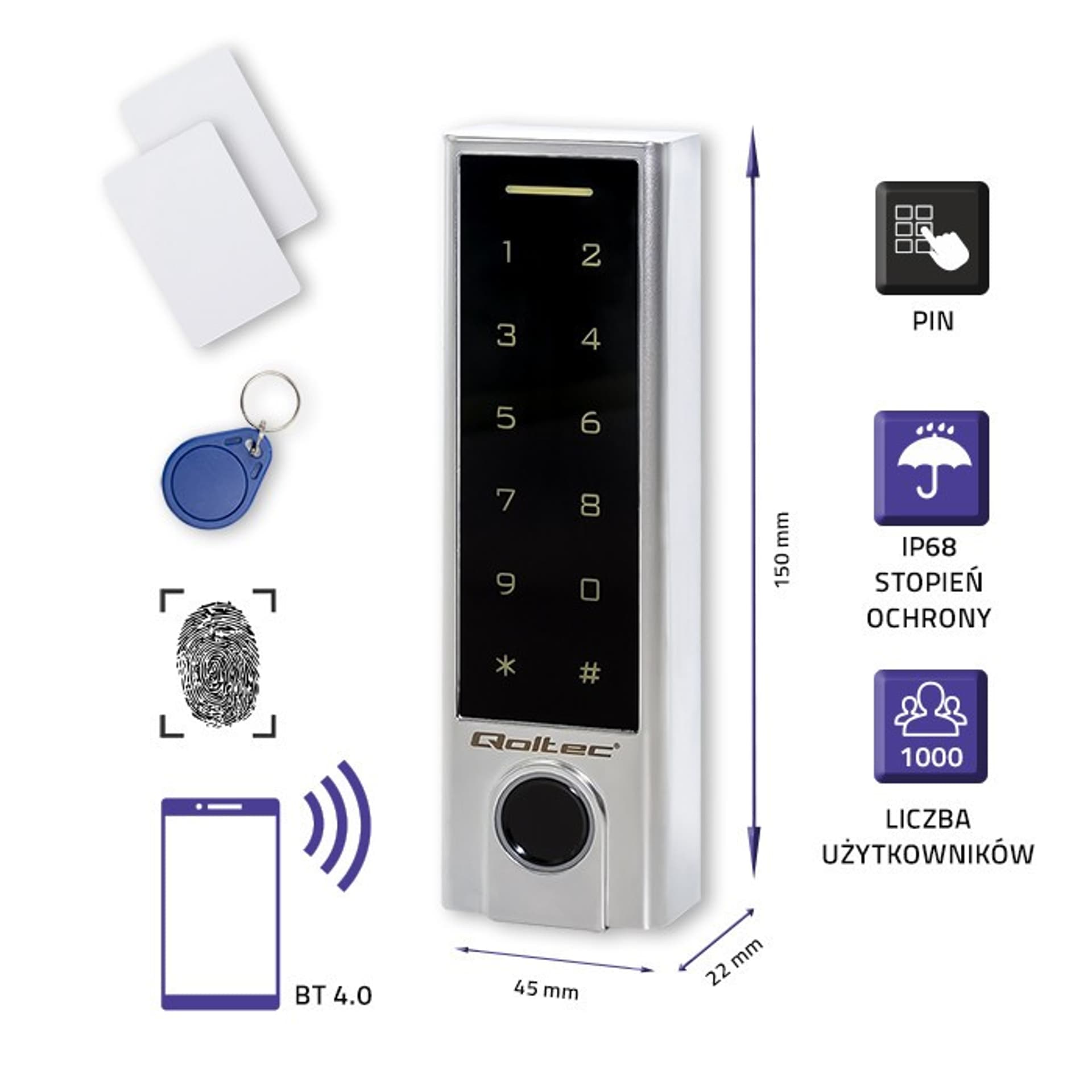 

Zamek szyfrowy dotykowy TITAN z czytnikiem linii papilarnych | RFID | BT 4.0 | kod | karta | brelok | dzwonek | IP68 | EM