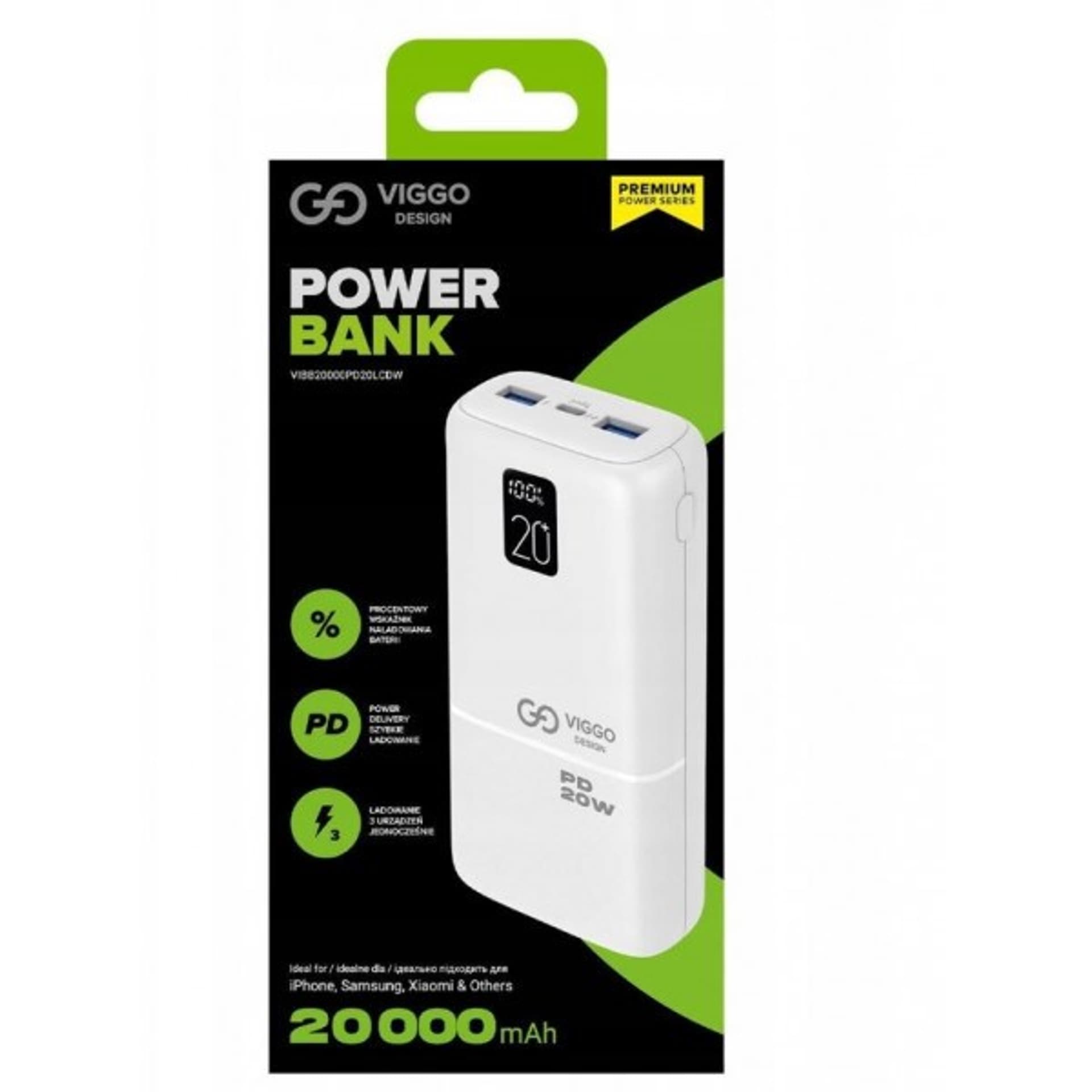 

VIGGO POWERBANK 20000MAH 1XUSB-C 2XUSB PD LCD BIAŁY