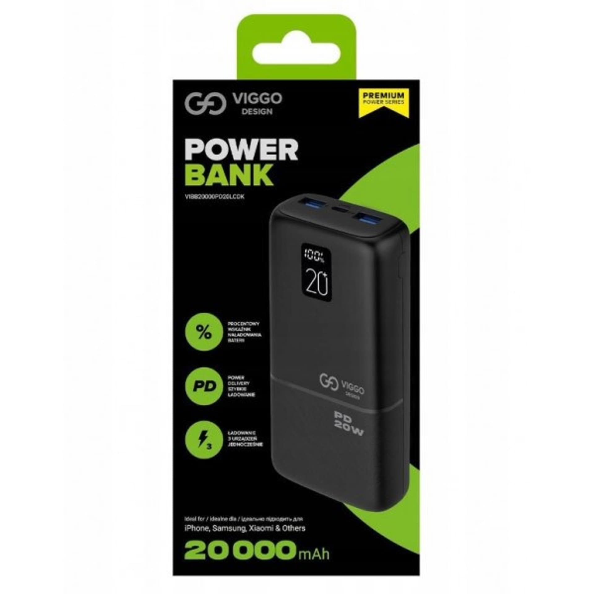 

VIGGO POWERBANK 20000MAH 1XUSB-C 2XUSB PD LCD BLACK