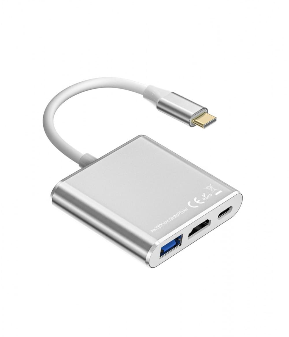 

Adapter HUB USB C 3w1 - HDMI, USB, PD srebrny