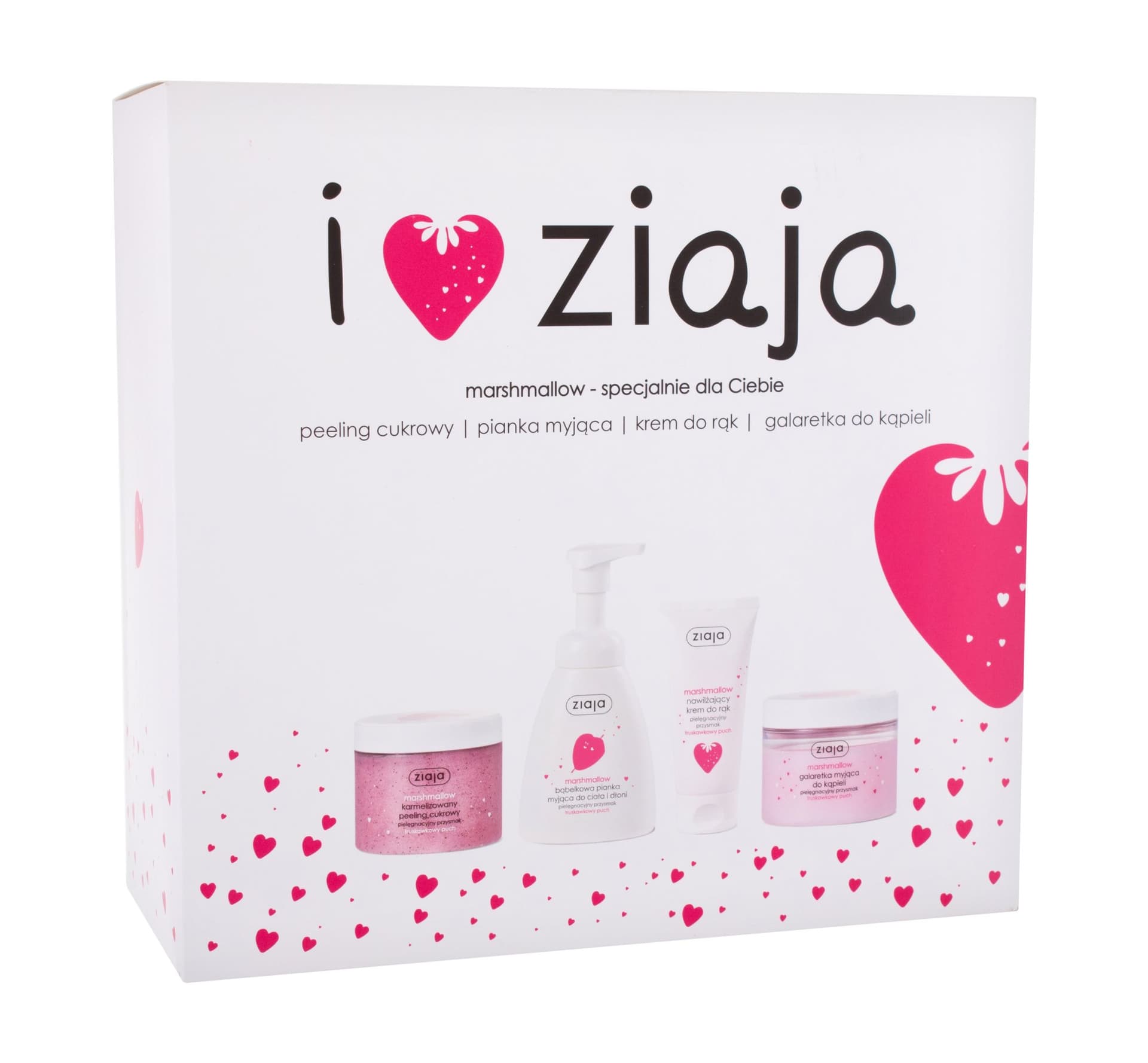 

Ziaja Marshmallow I Love Ziaja Peeling do ciała 300ml Peeling do ciała Marshmallow 300ml + Mydło do rak w płynie Marshmallow 250ml + Galaretka do kąpieli 260ml + Krem do rąk Marshmallow 50ml (W)