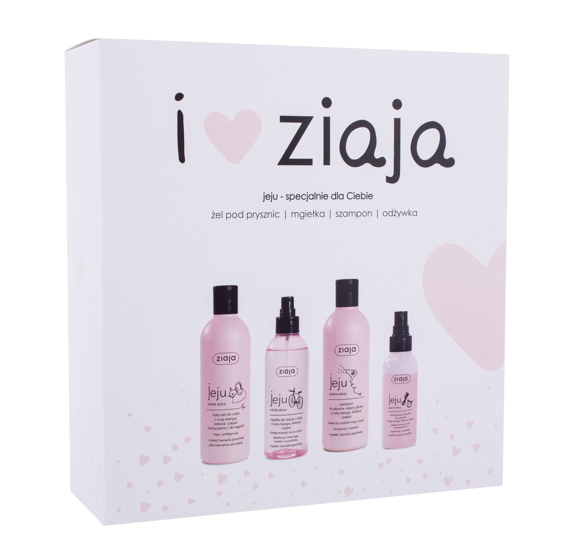 

Ziaja Jeju I Love Ziaja Szampon do włosów 300ml Szampon Jeju 300ml + Żel pod prysznic Jeju 300ml + Mgiełka do twarzy Jeju 200ml + Odżywka w spreju Jeju 125ml (W)