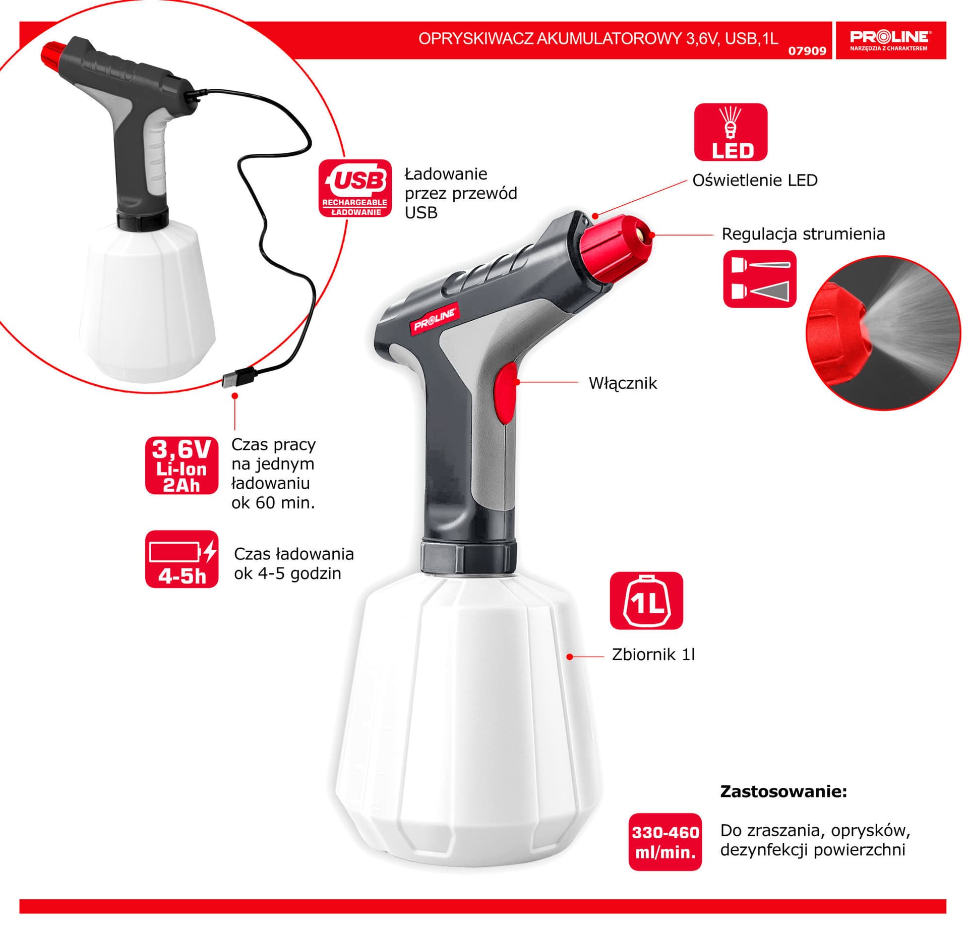 

Opryskiwacz akumulatorowy usb, li-ion 3,6v, 1l, proline