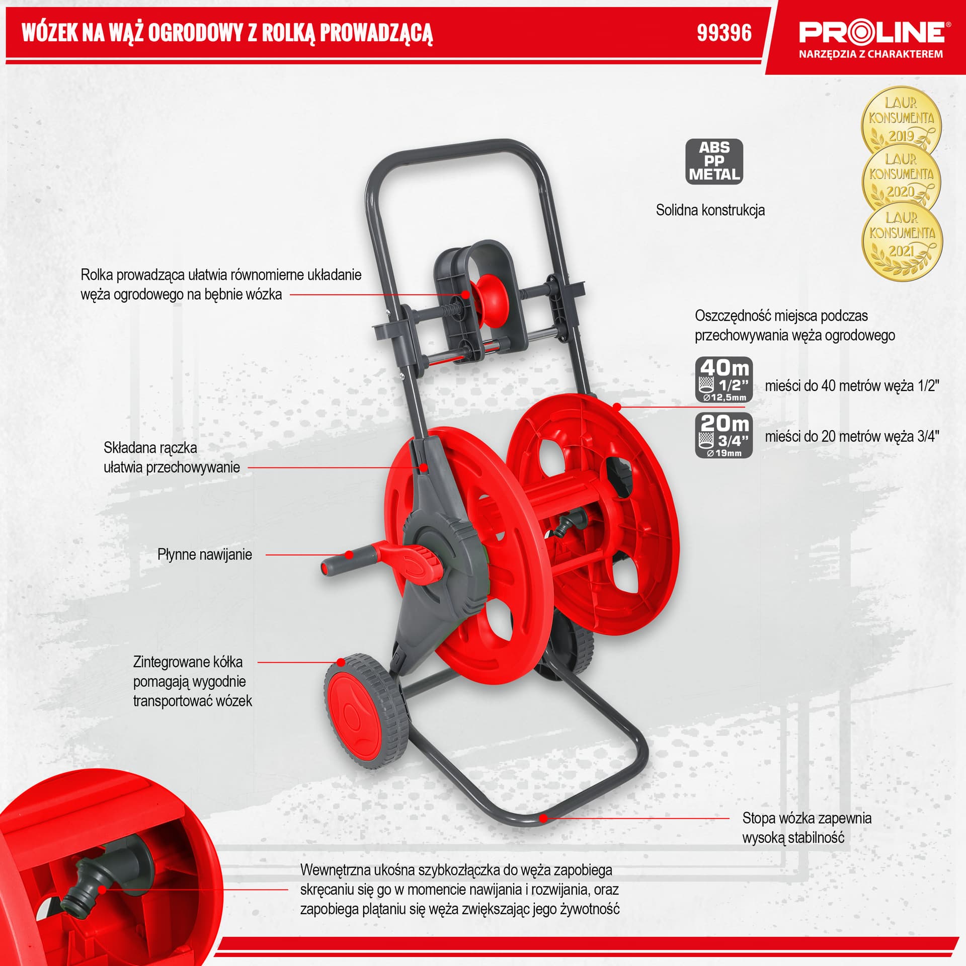 

Wózek na wąż ogrodowy z rolką prowadzącą 40m x 1/2", proline