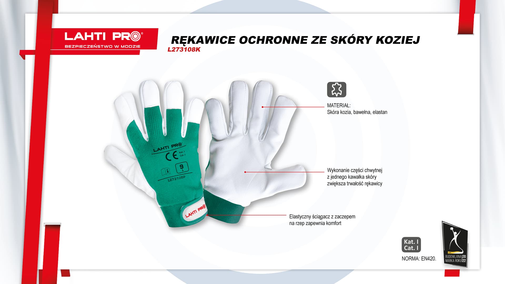 

Rękawice ze skóry koz. ziel. l273110p, karta, "10", ce,lahti