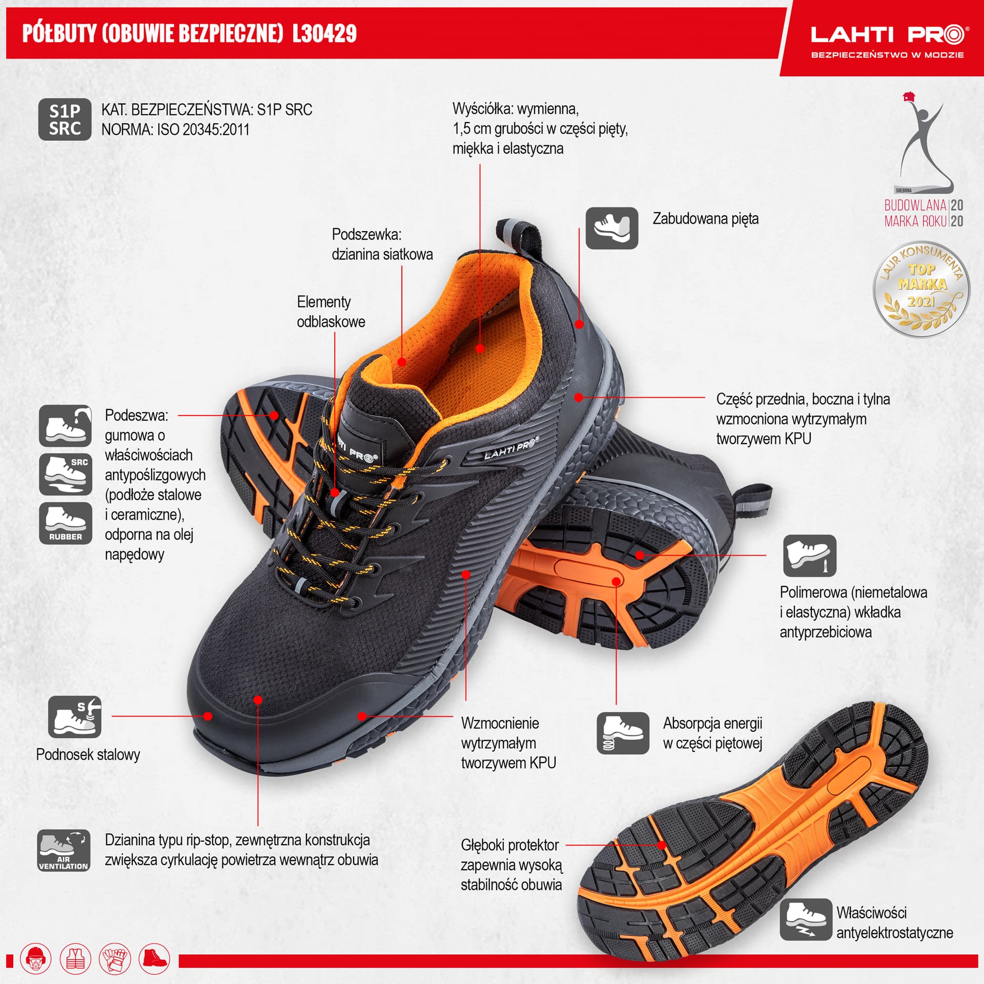 

Półbuty z dzianiny rip-stop czar-pom, s1p src, "44",ce,lahti