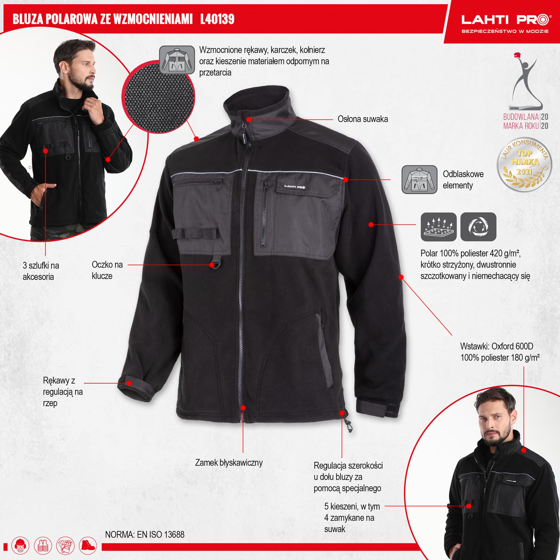 

Bluza polar. ze wzmocnieniami czarna, 420g/m2, "m", ce,lahti