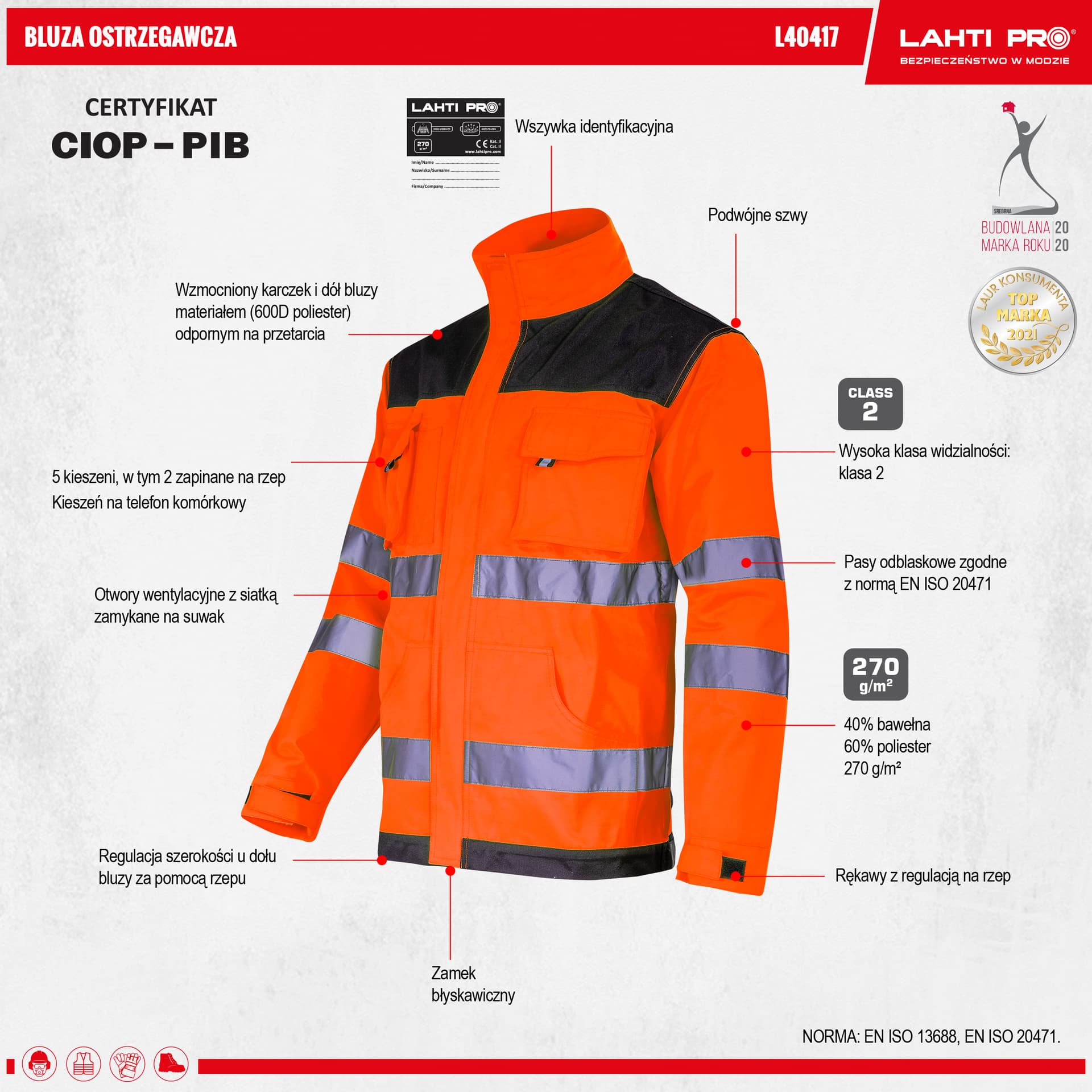 

BLUZA OSTRZEG. CZARNO-POMARAŃCZOWA, "3XL", CE, LAHTI
