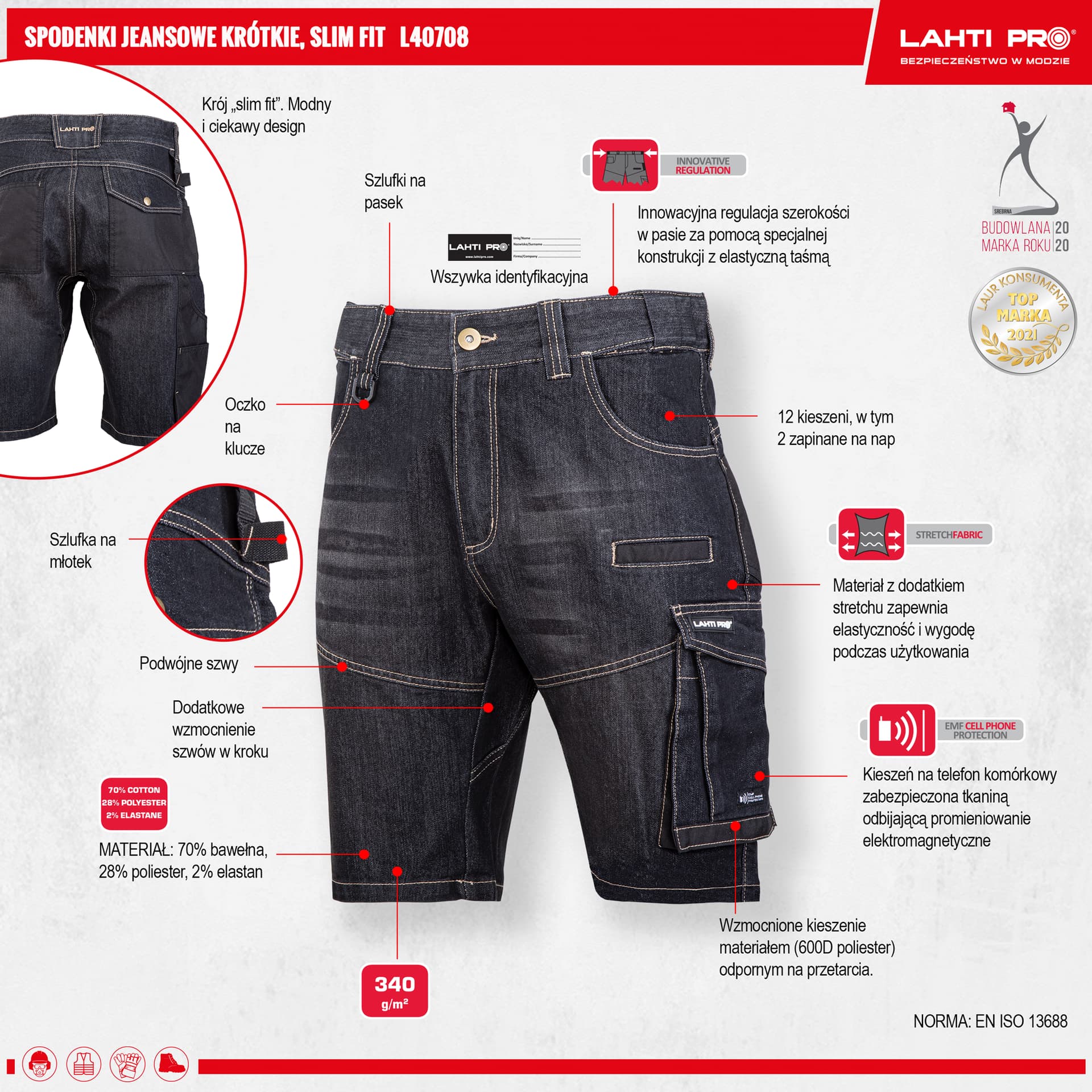 

Spodenki krótkie jeans. czar. stretch ze wzmoc.,"s",ce,lahti