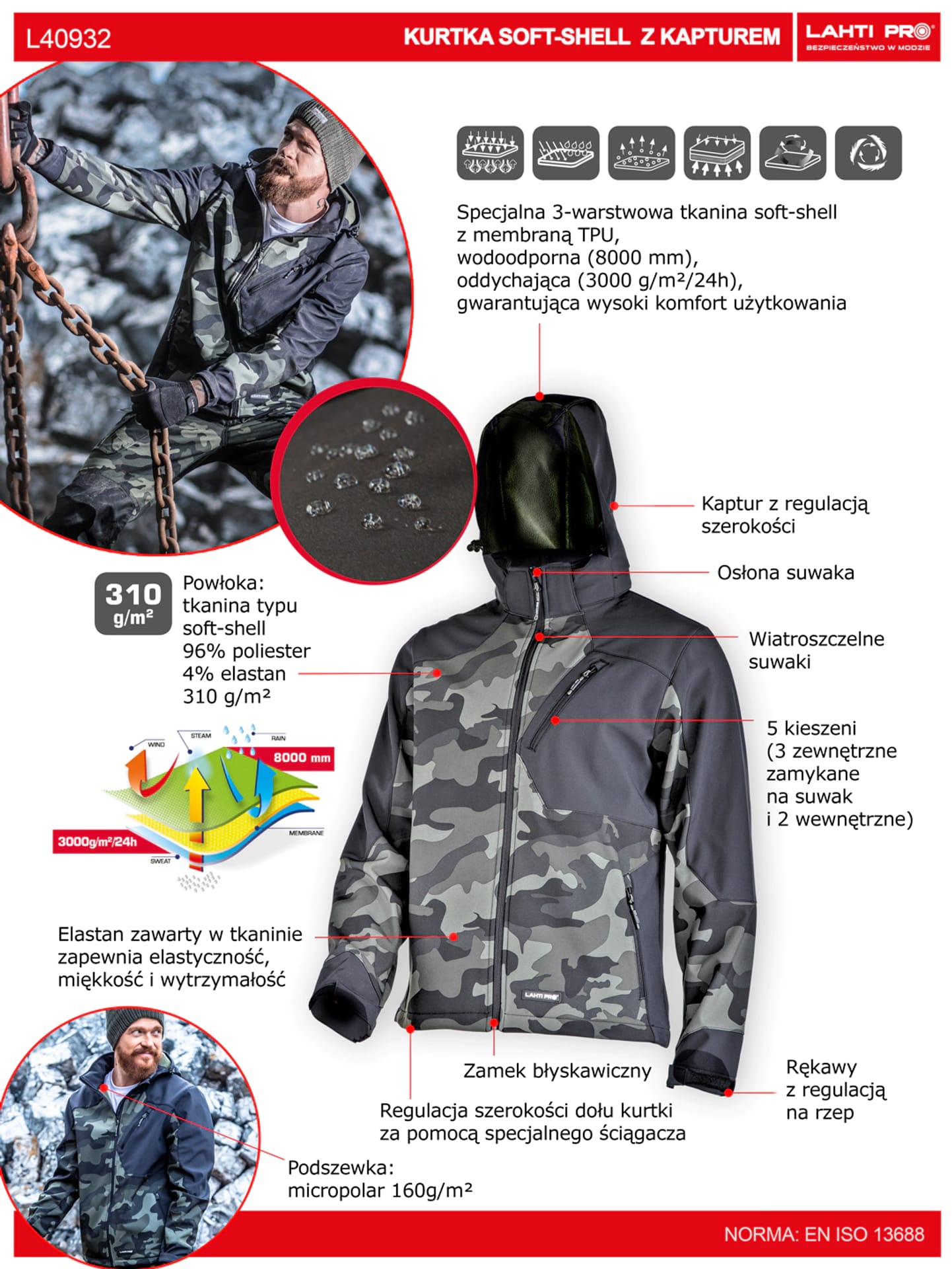 

Kurtka softshell z kapt. moro ziel.-czar., "s", ce, lahti