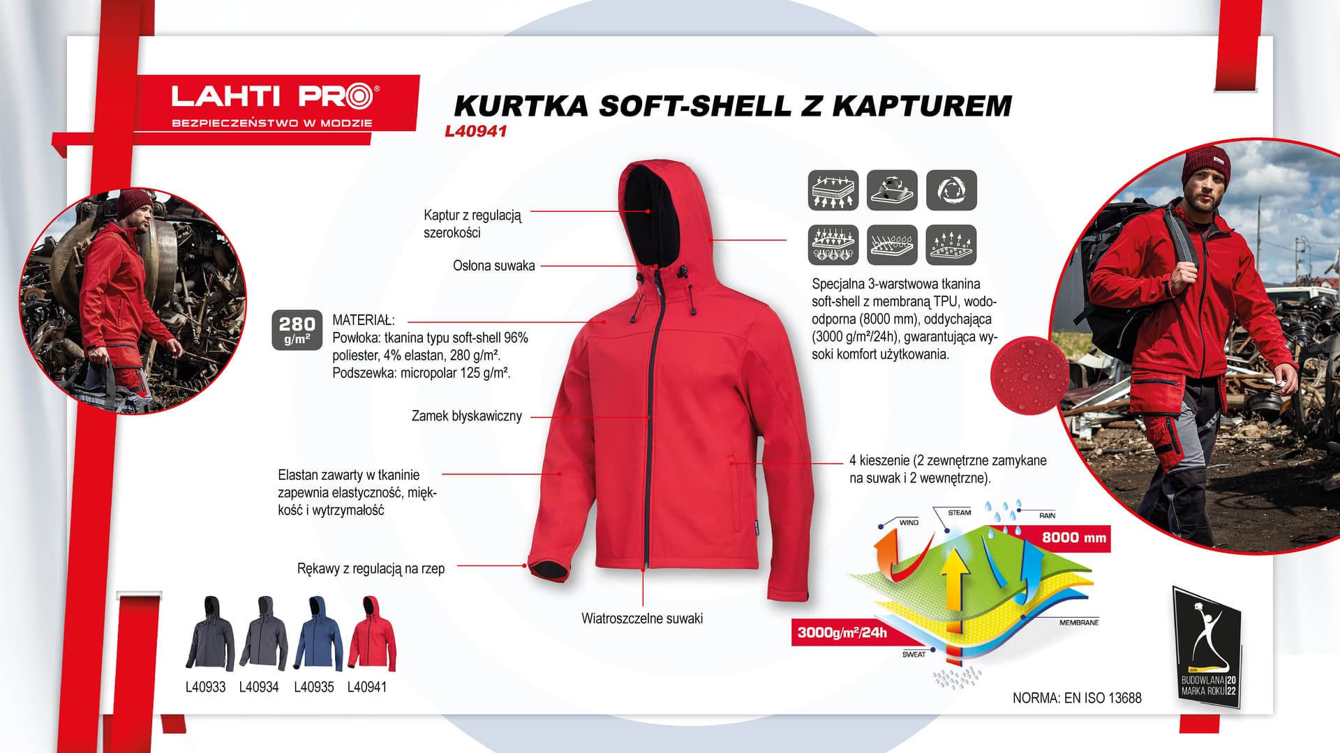 

Kurtka softshell z kapt. czerwona, "2xl", ce, lahti