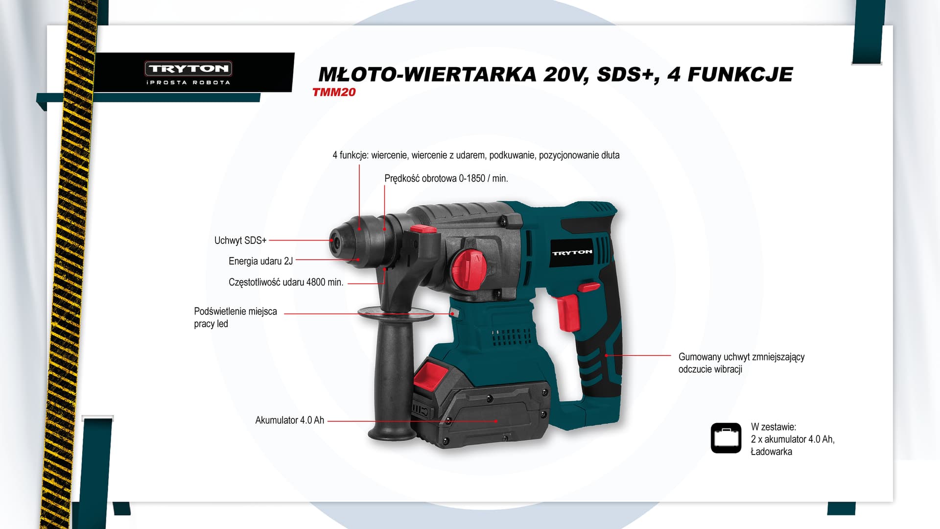 

Młoto-wiertarka 20v, sds+, 4funkcje, 2j, 2x4ah aku