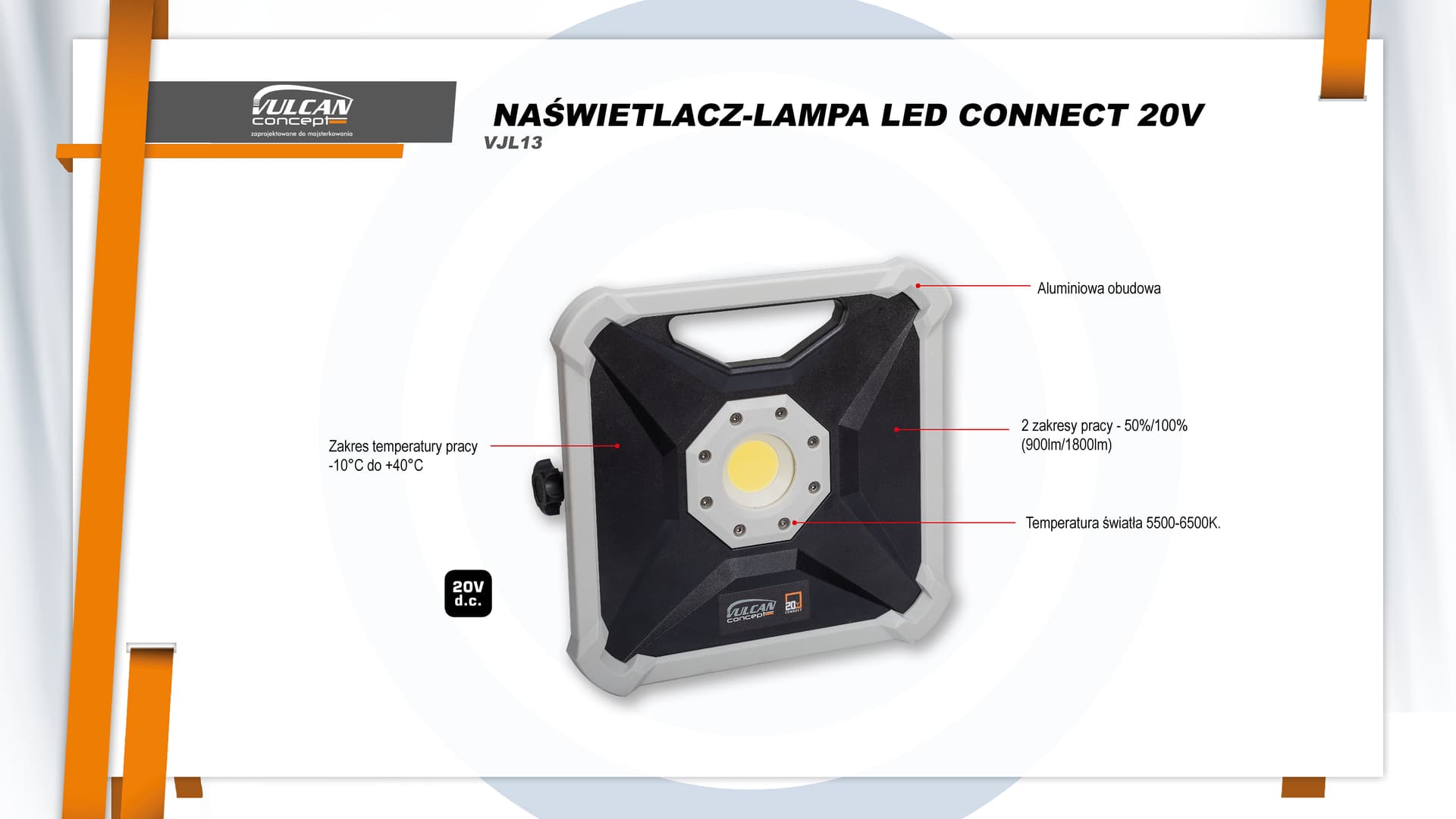 

Naświetlacz-lampa led, 900/1800lm, bez aku/ład. connect 20v