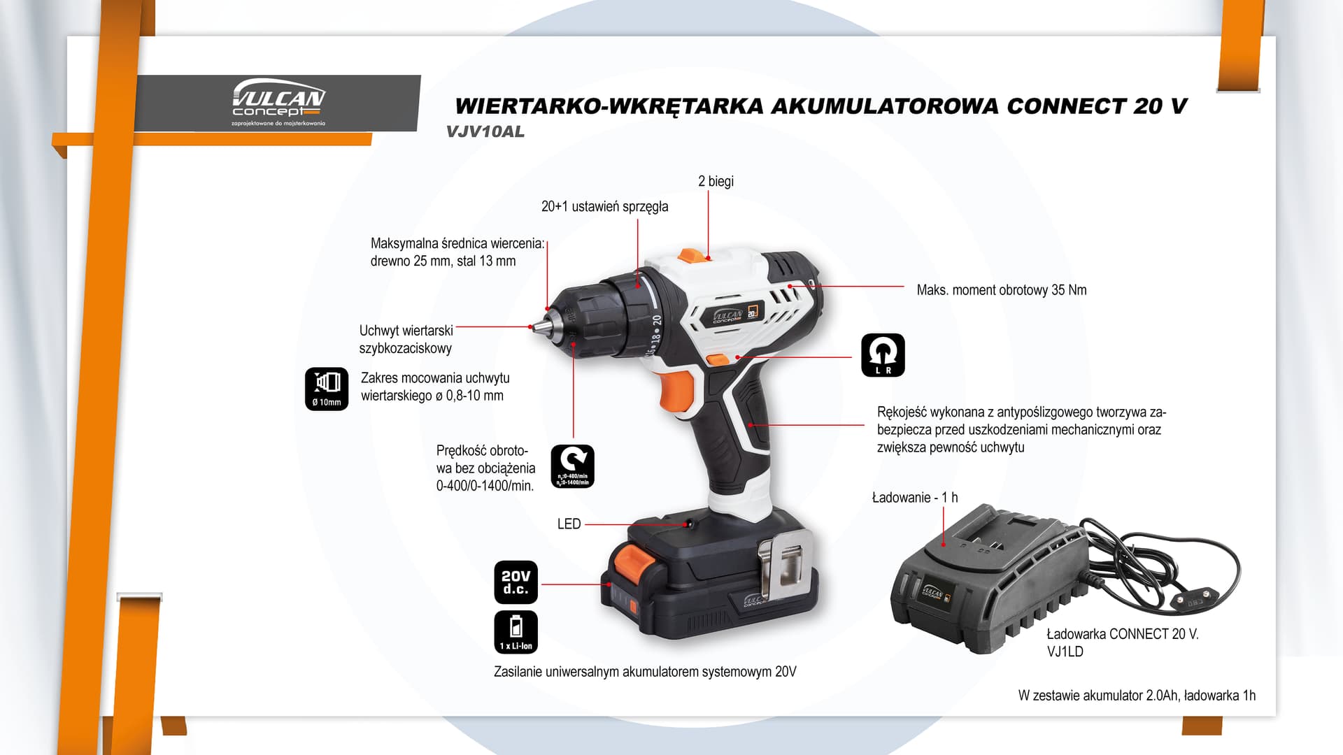 

Wiertarko-wkret., 35nm, 1 aku, 2ah, ład. 1h, connect 20v