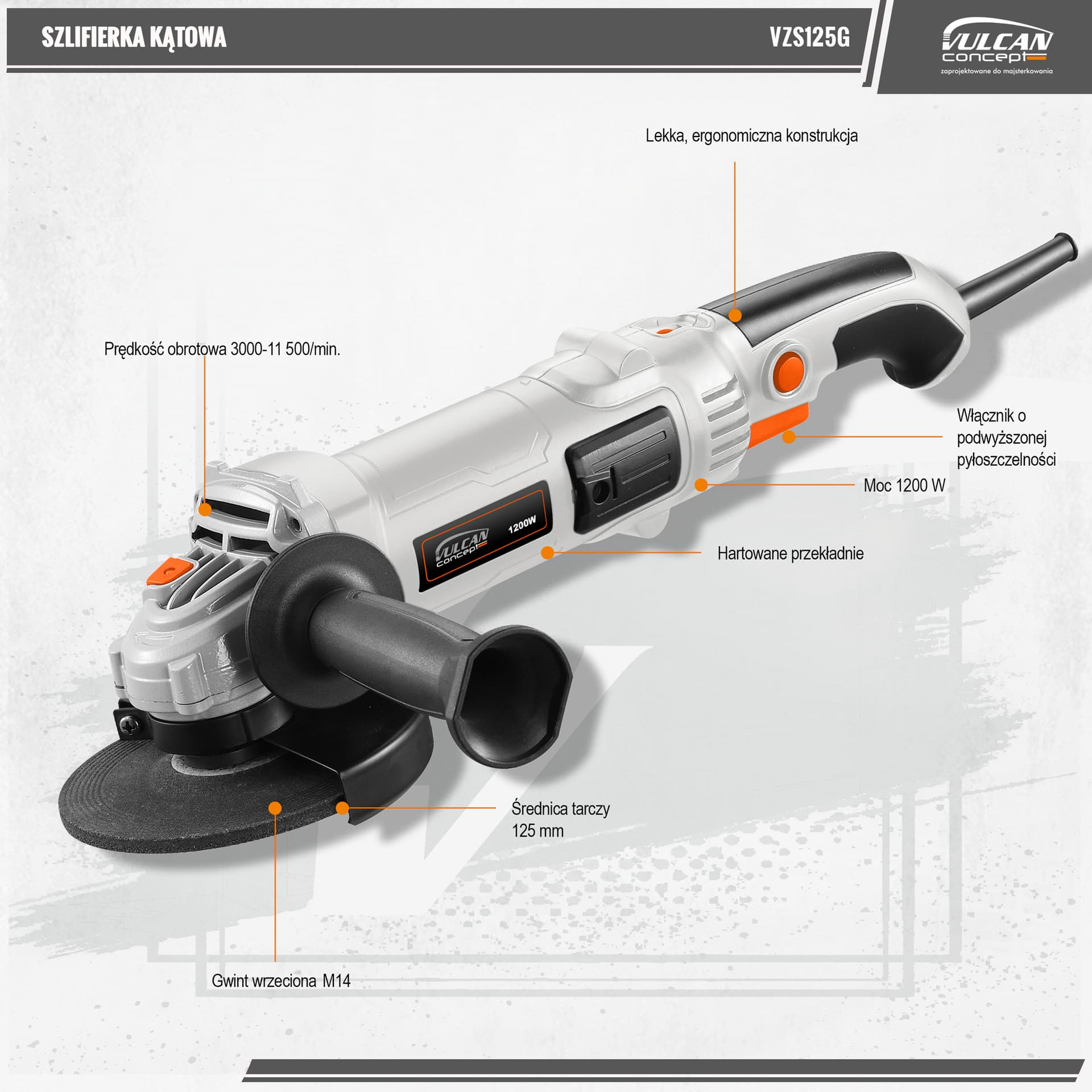 

Szlifierka kątowa 1200w, 125mm, 0-11500/min concept