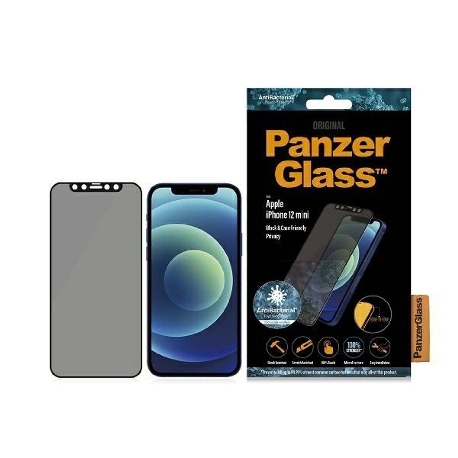 

PanzerGlass E2E Super+ iPhone 12 Mini Case Friendly AntiBacterial Microfracture Privacy czarny/black