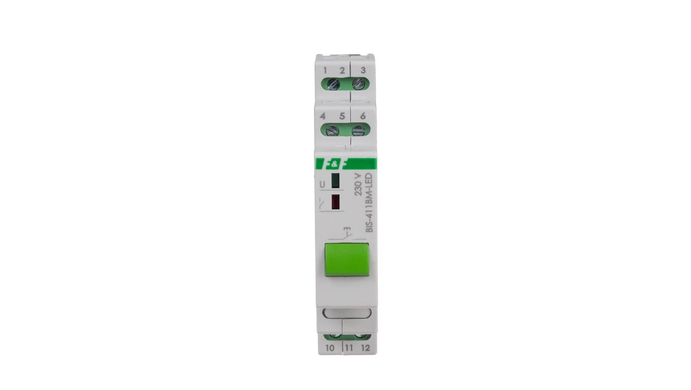 

Przekaźnik bistabilny z przyciskiem do sterowania ręcznego montaż na szynie DIN 230V z przekaź inrush 160A/20ms BIS-411BM-LED