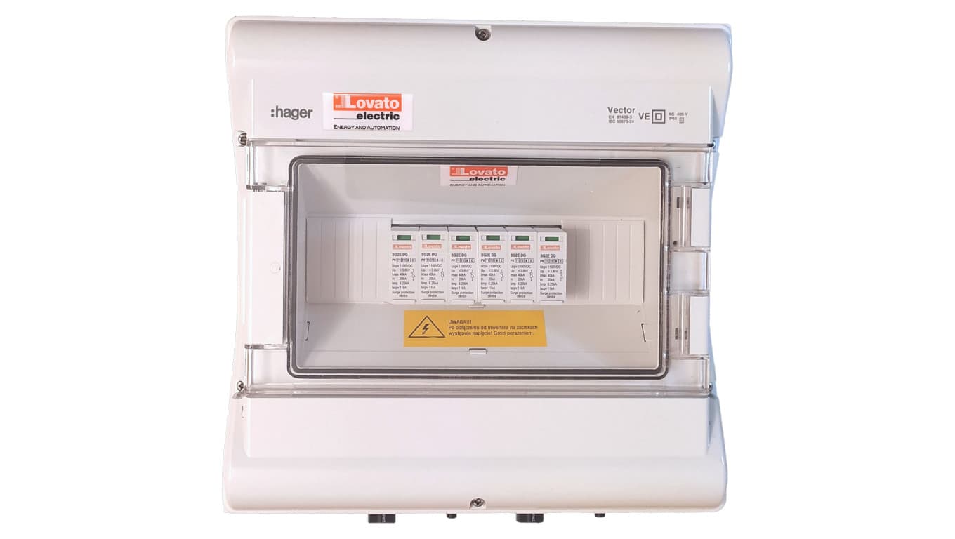 

Zestaw przyłaczeniowy PV IP65 1000V DC MC4 2x łańcuch PV 2x MPPT ochronniki typ 1+2 PVK00XBC22