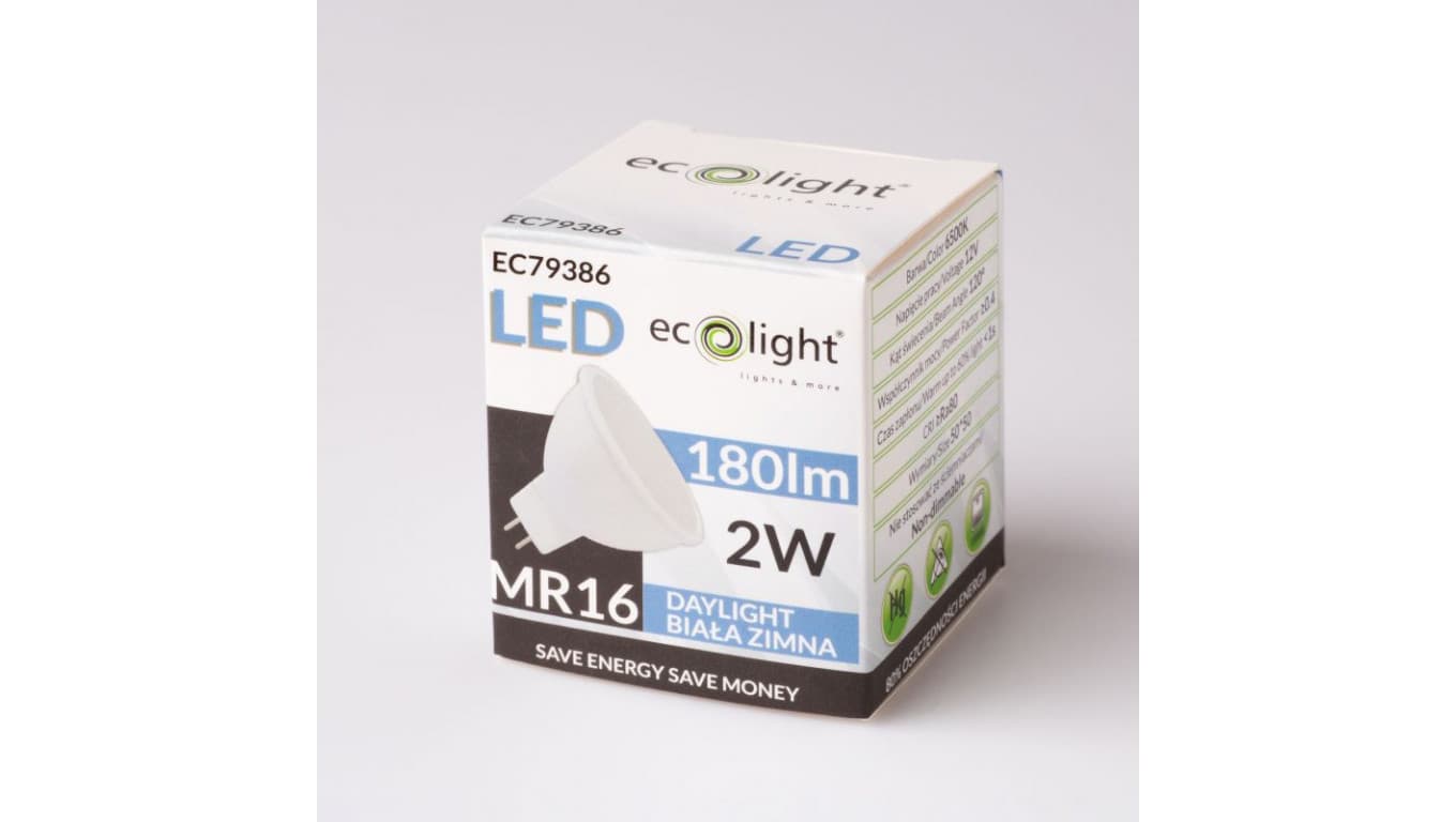 

Żarówka LED MR16 2W 12V AC/DC 180lm 6500K Barwa Zimna 120 stopni EC79386