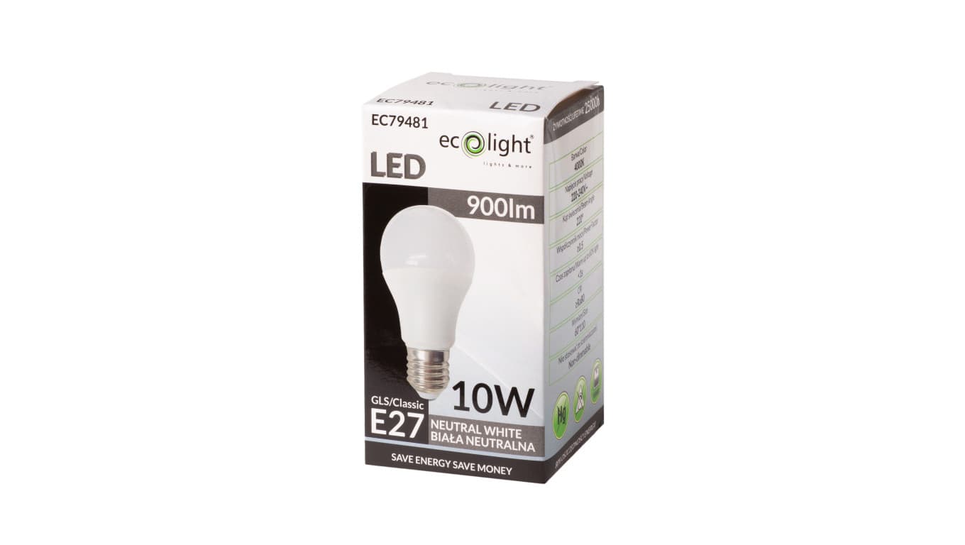 

Żarówka LED E27 10W 900lm 4000K Barwa Neutralna A60 EC79481