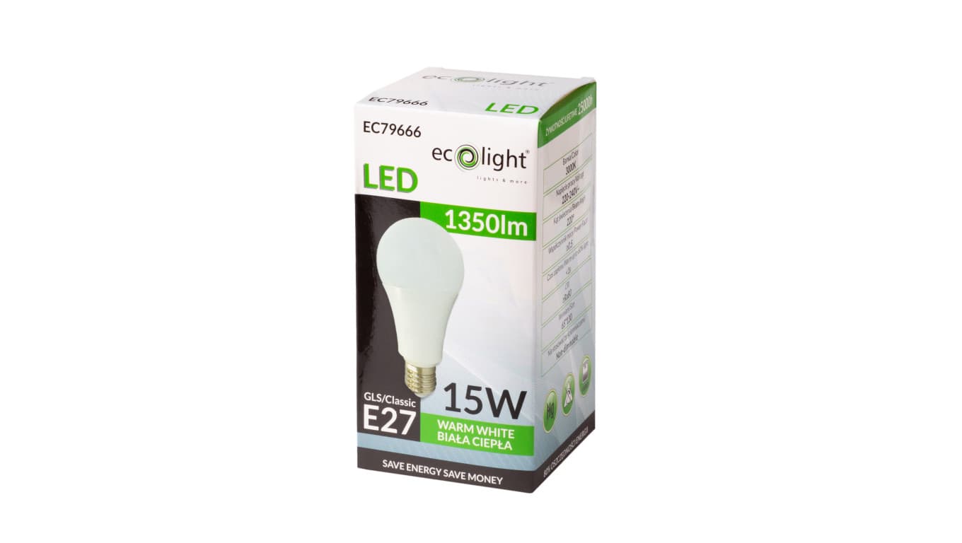 

Żarówka LED E27 15W 1350lm 3000K Barwa Ciepła A60 EC79666