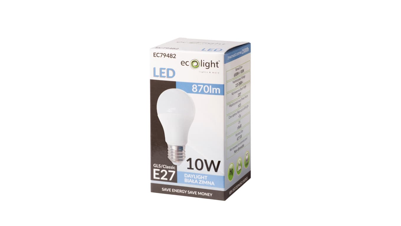 

Żarówka LED E27 10W 900lm 6500K Barwa Zimna A60 EC79482
