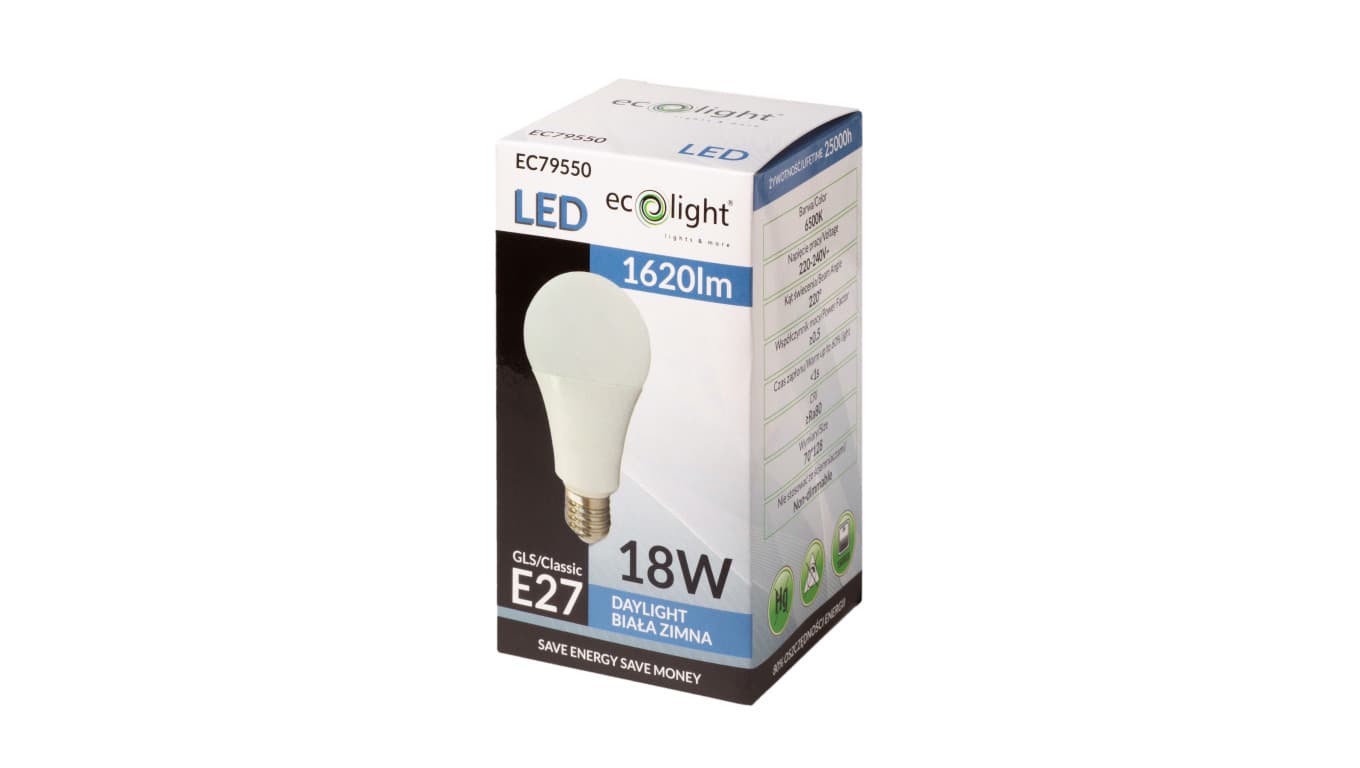 

Żarówka LED E27 18W 1620lm 6500K Barwa Zimna A70 EC79550