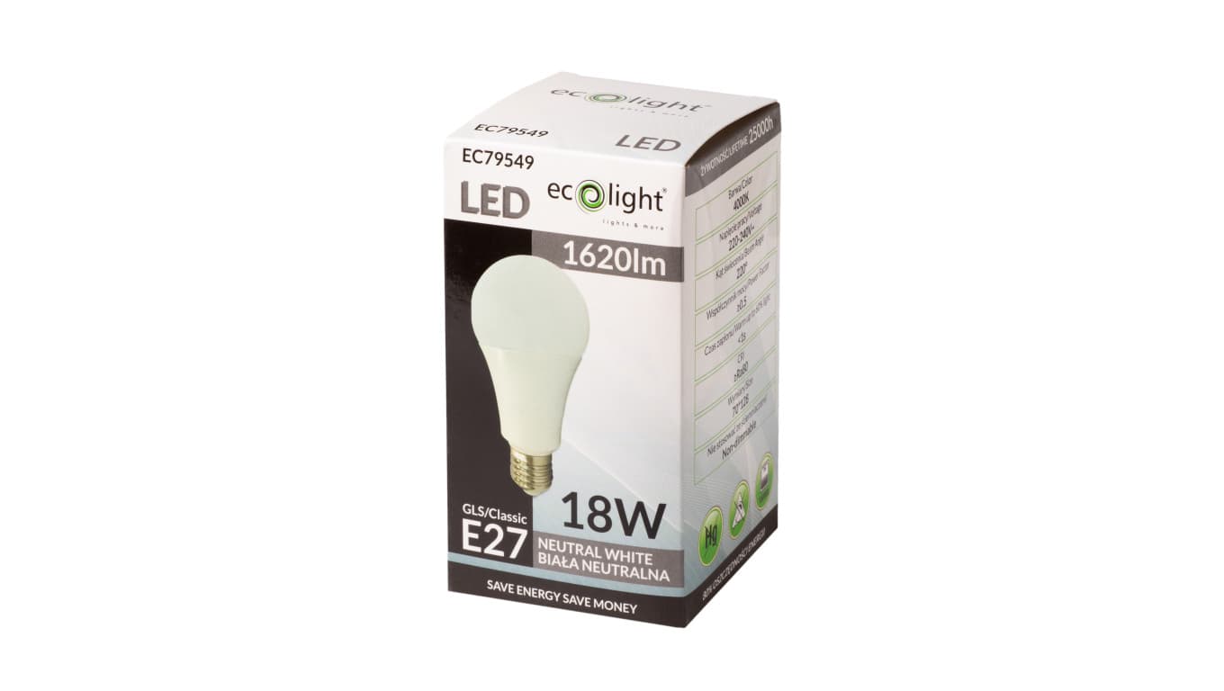 

Żarówka LED E27 18W 1620lm 4000K Barwa Neutralna A70 EC79549