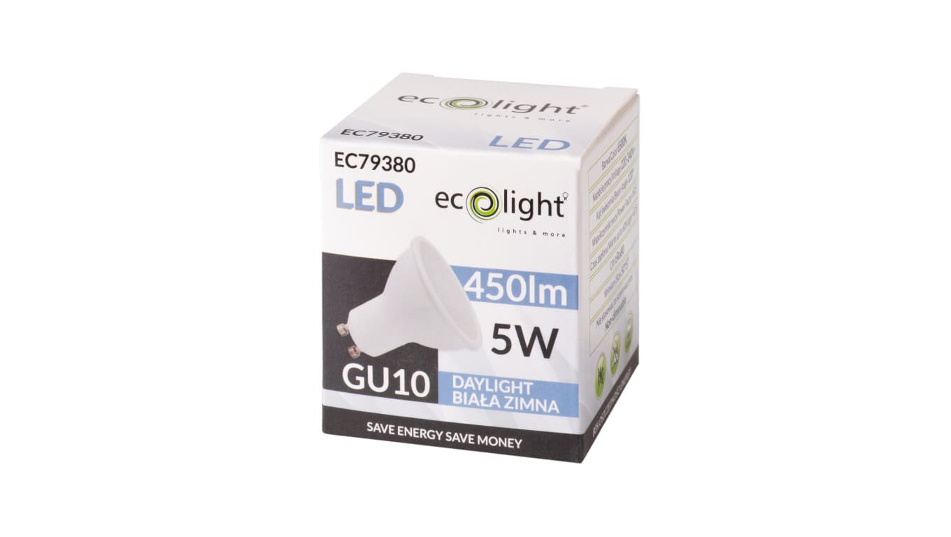 

Żarówka LED GU10 5W 450lm 6500K Barwa Zimna 120 stopni EC79380