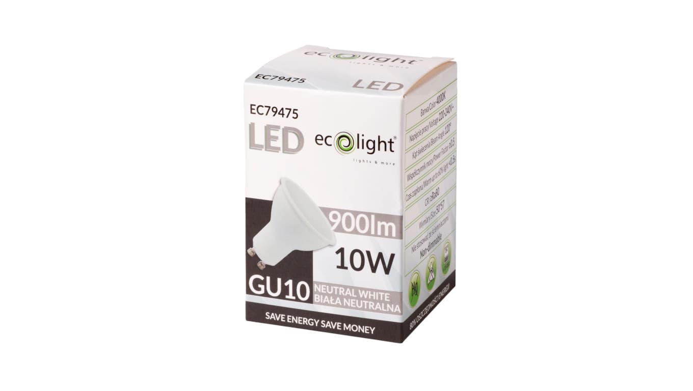 

Żarówka LED GU10 10W 900lm 4000K Barwa Neutralna 120 stopni EC79475