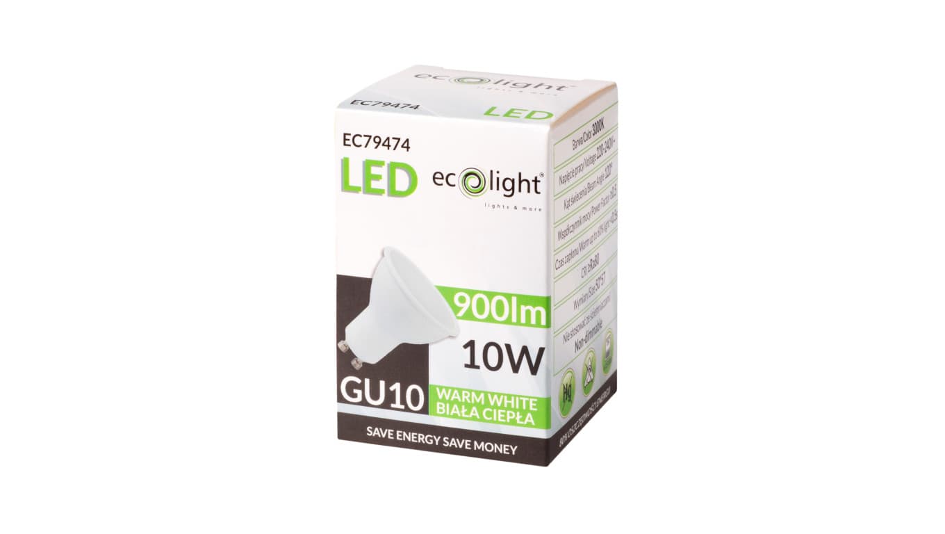 

Żarówka LED GU10 10W 900lm 3000K Barwa Ciepła 120 stopni EC79474