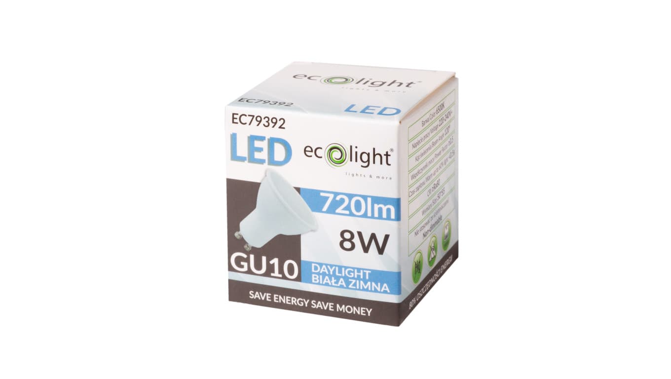 

Żarówka LED GU10 8W 720lm 6500K Barwa Zimna 120 stopni EC79392