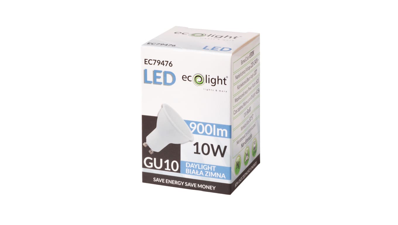 

Żarówka LED GU10 10W 900lm 6500K Barwa Zimna 120 stopni EC79476