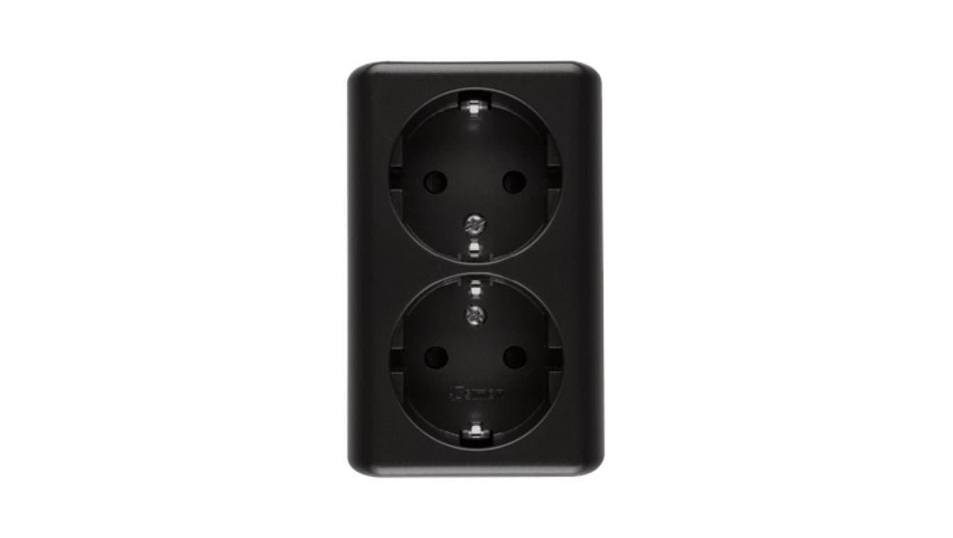

Simon 54 Gniazdo podwójne Schuko natynkowe z przesłonami torów prąd. wer. skand. 16A 250V szybkozłącza czarny mat EGSZ2SNZ/49