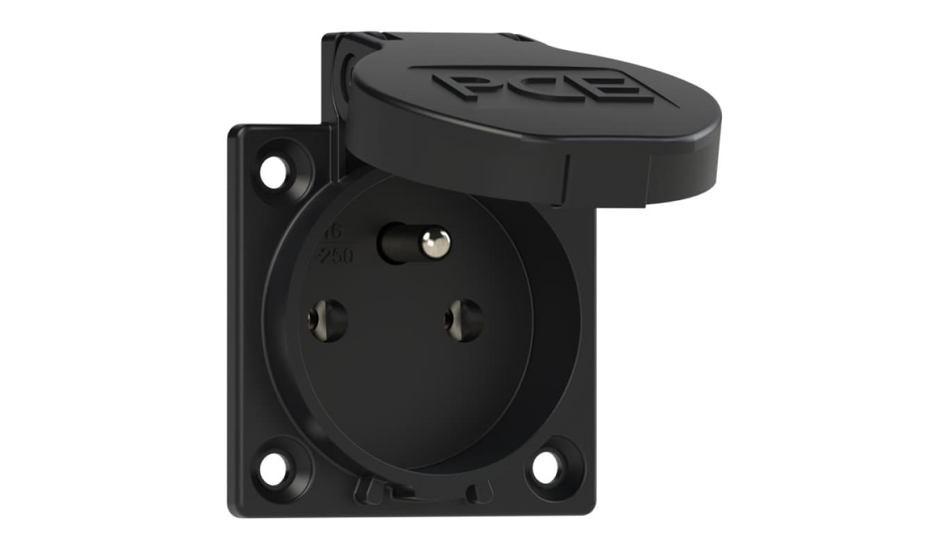 

GNIAZDA WTYCZKOWE TABLICOWE 230V Z BOLCEM 16A 2P+Z 230V IP54 Czarne 1040-0s