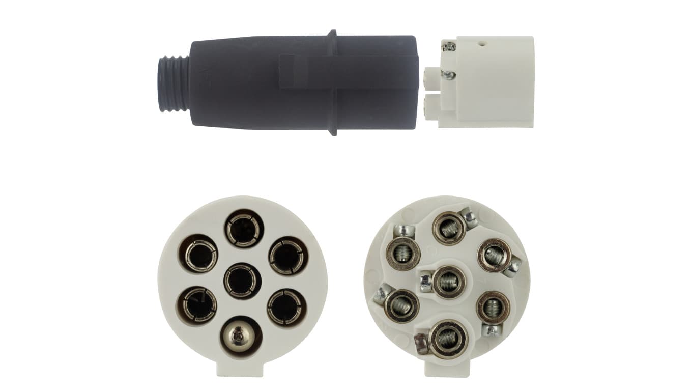 

Wtyczka naczepowa typu S (biała) 7-pin 24V plastikowa na kabel, Biała) 7-pin 24v plastikowa na kabe