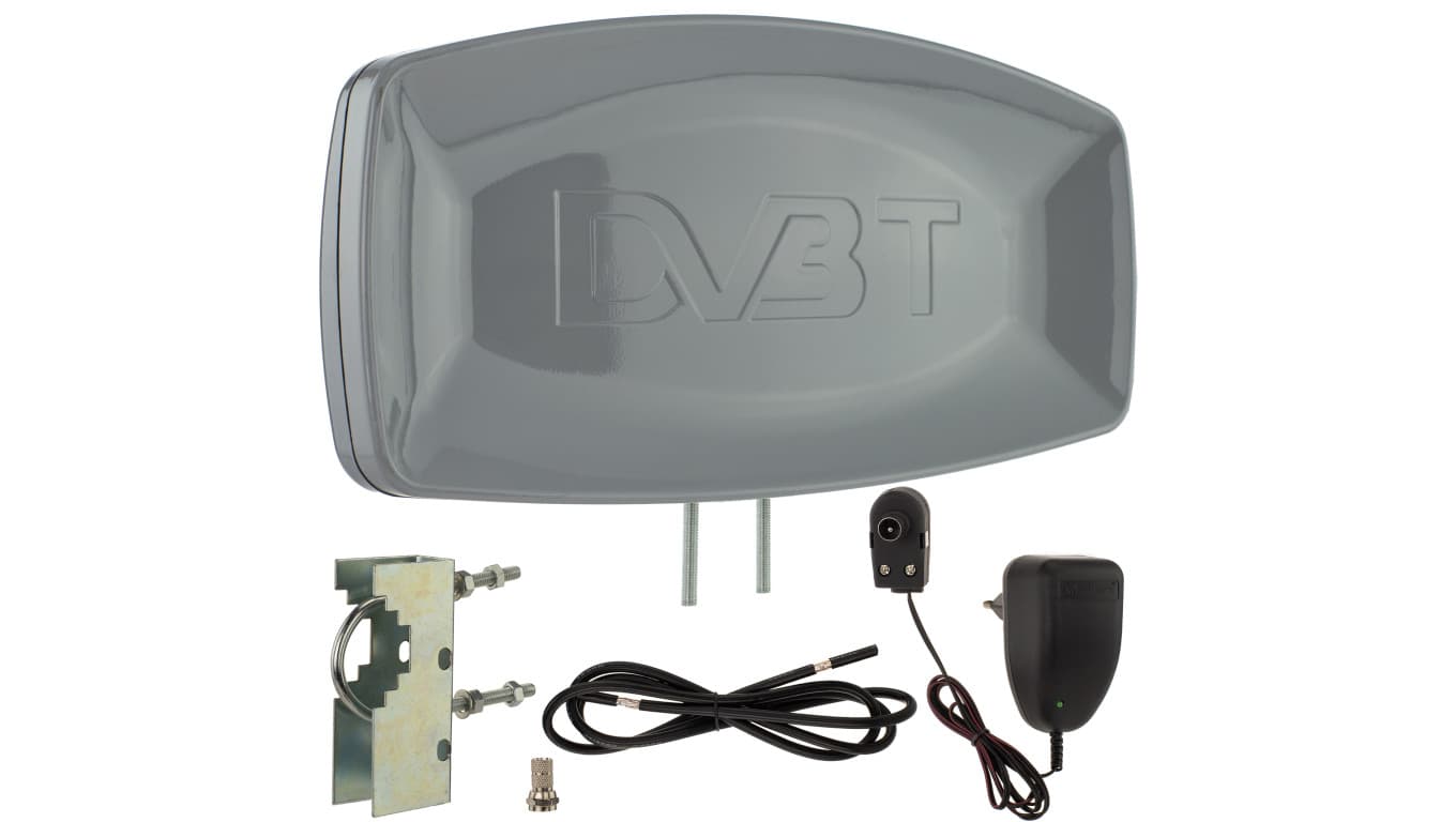 

Antena zewnętrzna DVB-T VHF/UHF ze wzmacniaczem 42dB i zasilaczem