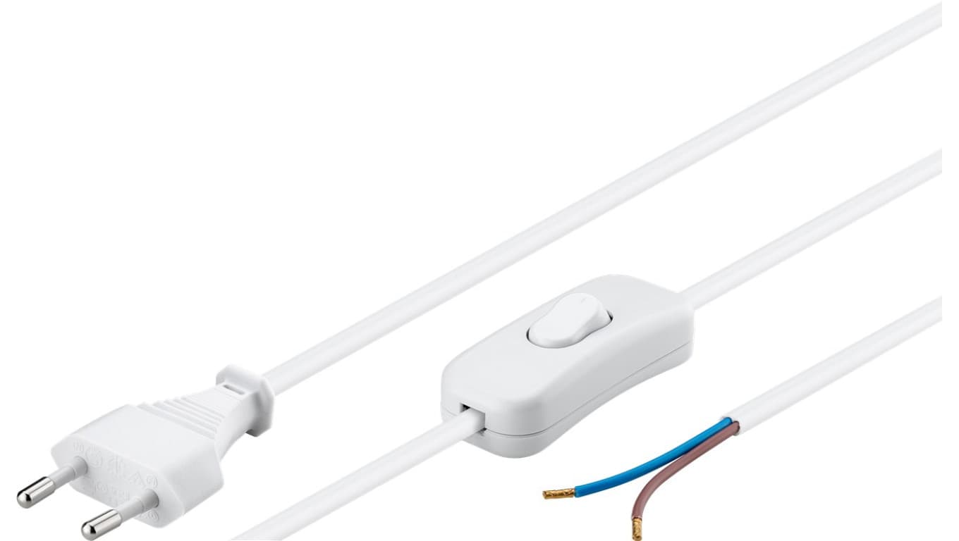 

Kabel zasilający Euro z otwartymi końcówkami i z wyłącznikiem 1,5m biały 51349