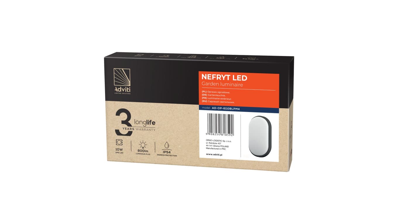 

NEFRYT LED 10W, oprawa ogrodowa, 800lm, IP54, 4000K, czarna,AD-OP-6110BLPM4