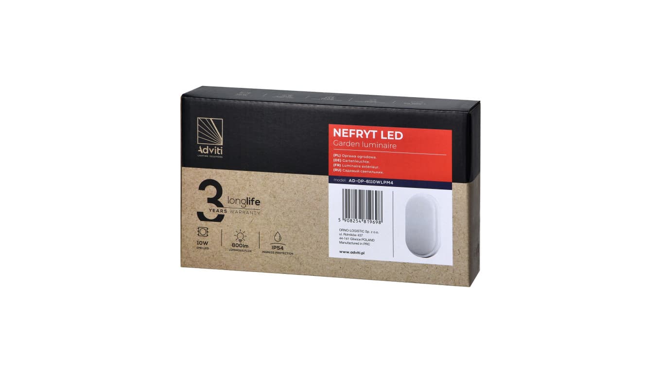 

NEFRYT LED 10W, oprawa ogrodowa, 800lm, IP54, 4000K, biała,AD-OP-6110WLPM4