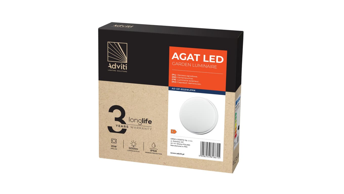 

AGAT LED 15W, oprawa ogrodowa, 1100lm, IP54, 4000K, biała,AD-OP-6112WLPM4