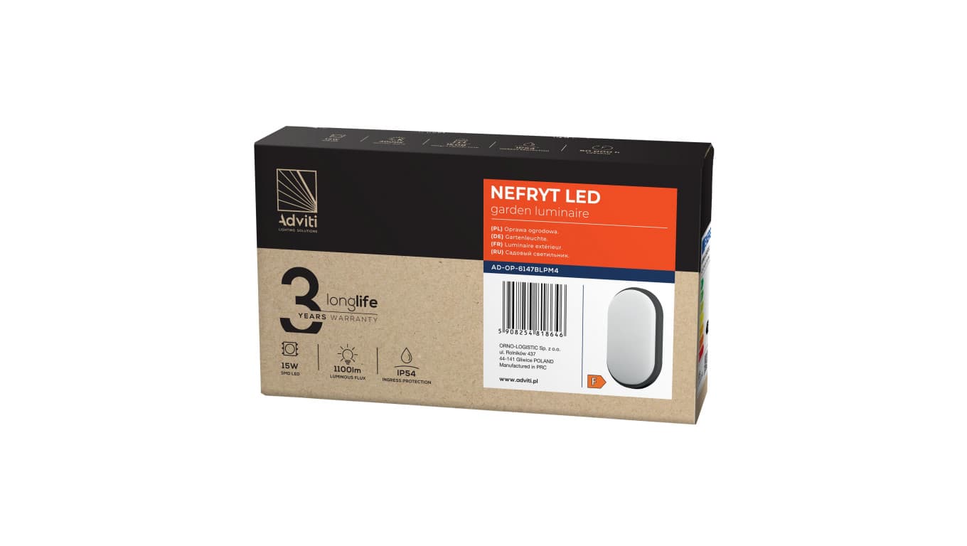 

NEFRYT LED 15W, oprawa ogrodowa, 1100lm, IP54, 4000K, czarna,AD-OP-6147BLPM4