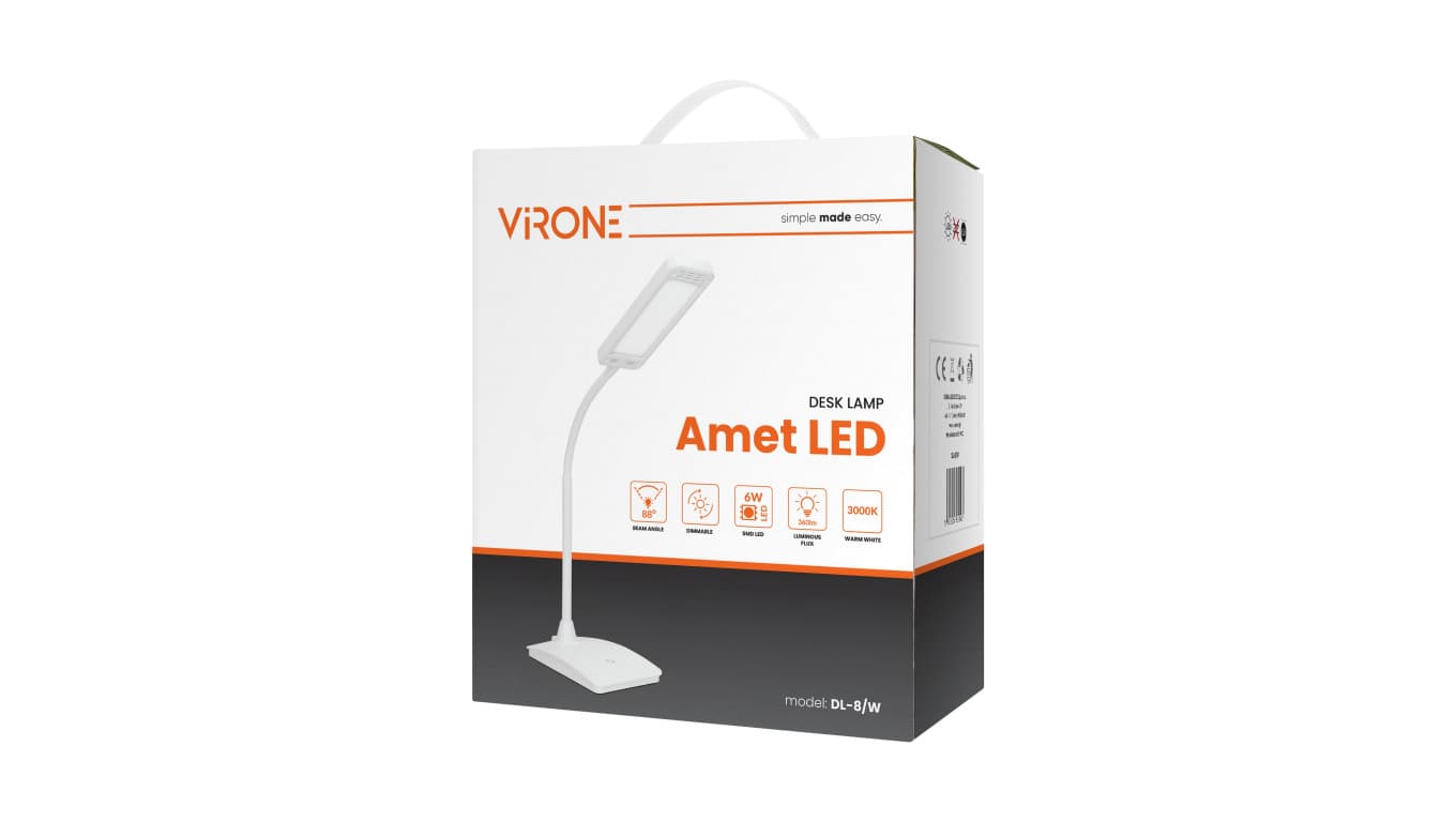 

AMET LED DIM 6W, lampka biurkowa, 360lm, 3000K, biała, funkcja ściemniania,DL-8/W