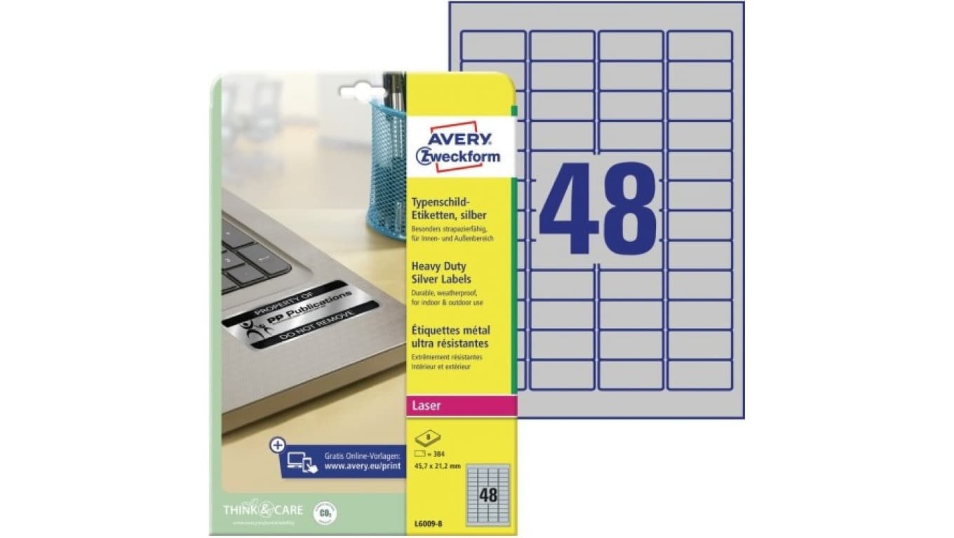 

Etykiety znamionowe srebrne poliestrowe 45,7 x 21,2 mm 384 etykiet na 8 arkuszach A4 Heavy Duty AVERY Zweckfrom L6009-8