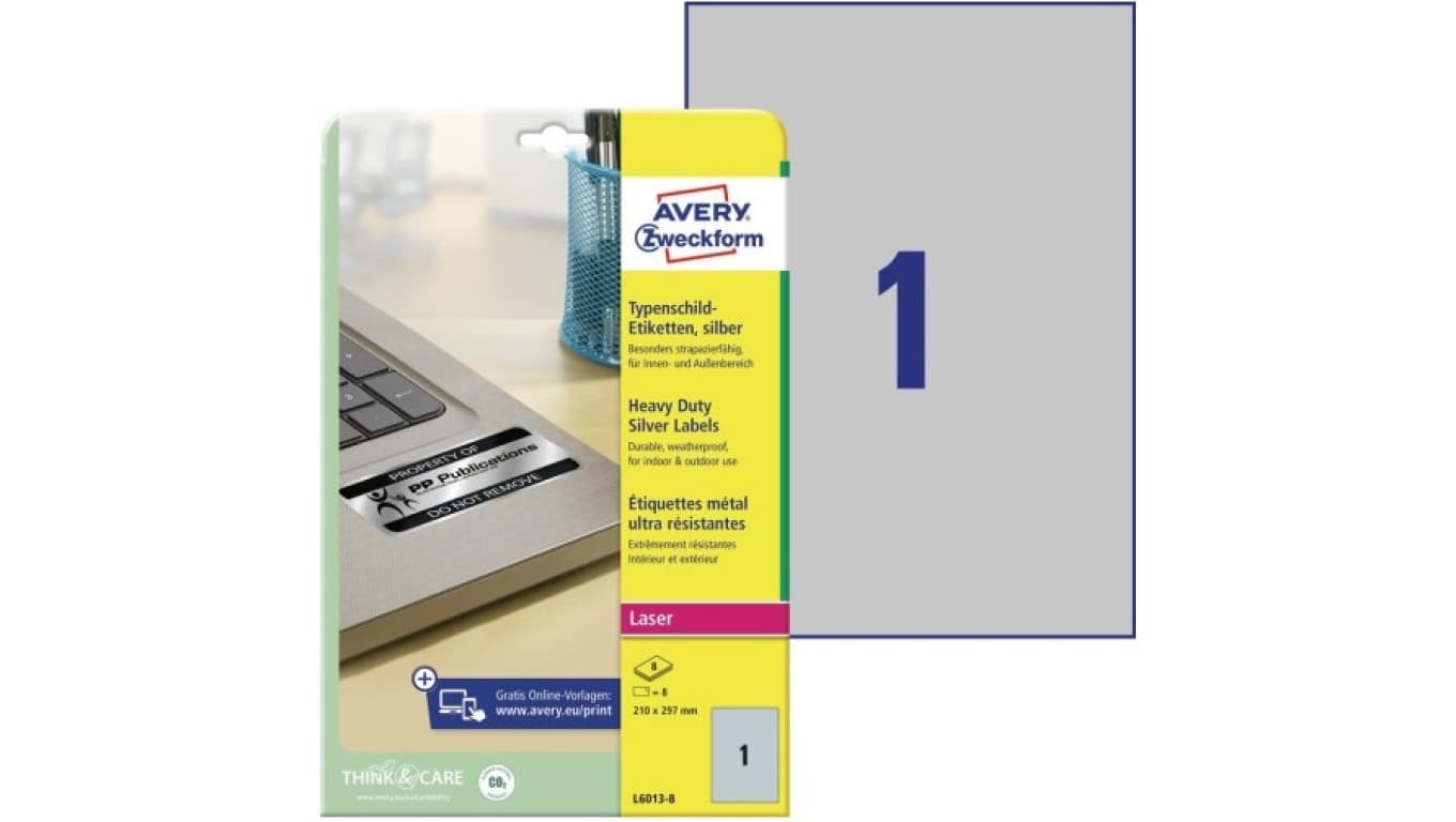 

Etykiety znamionowe srebrne poliestrowe 210 x 297 mm 8 etykiet na 8 arkuszach A4 Heavy Duty AVERY Zweckfrom L6013-8