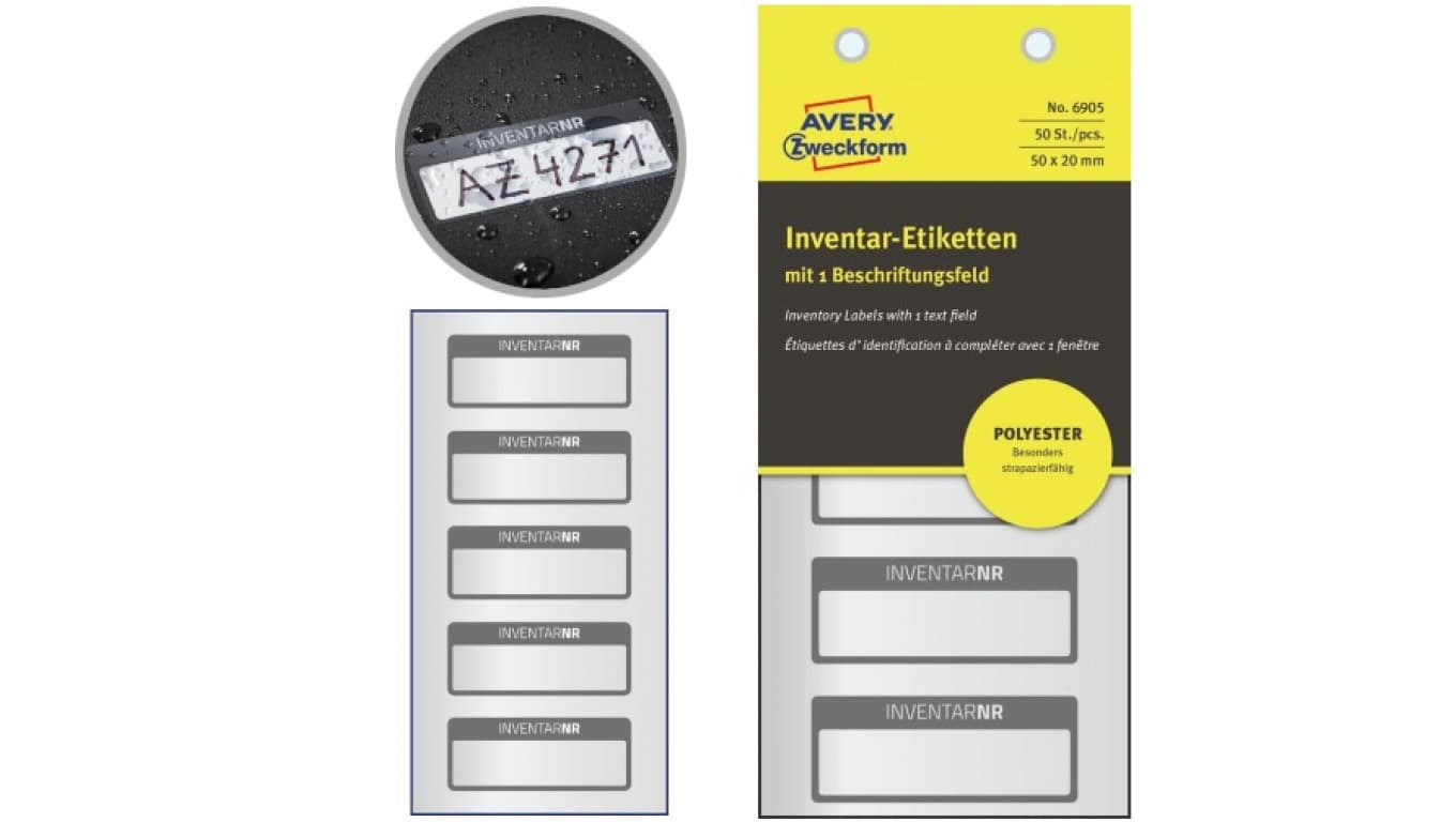 

Etykiety inwentaryzacyjne znamionowe srebrny/czarny poliestrowe 50 x 20 mm 50 etykiet na 10 arkuszach NoPell AVERY Zweckfrom 690