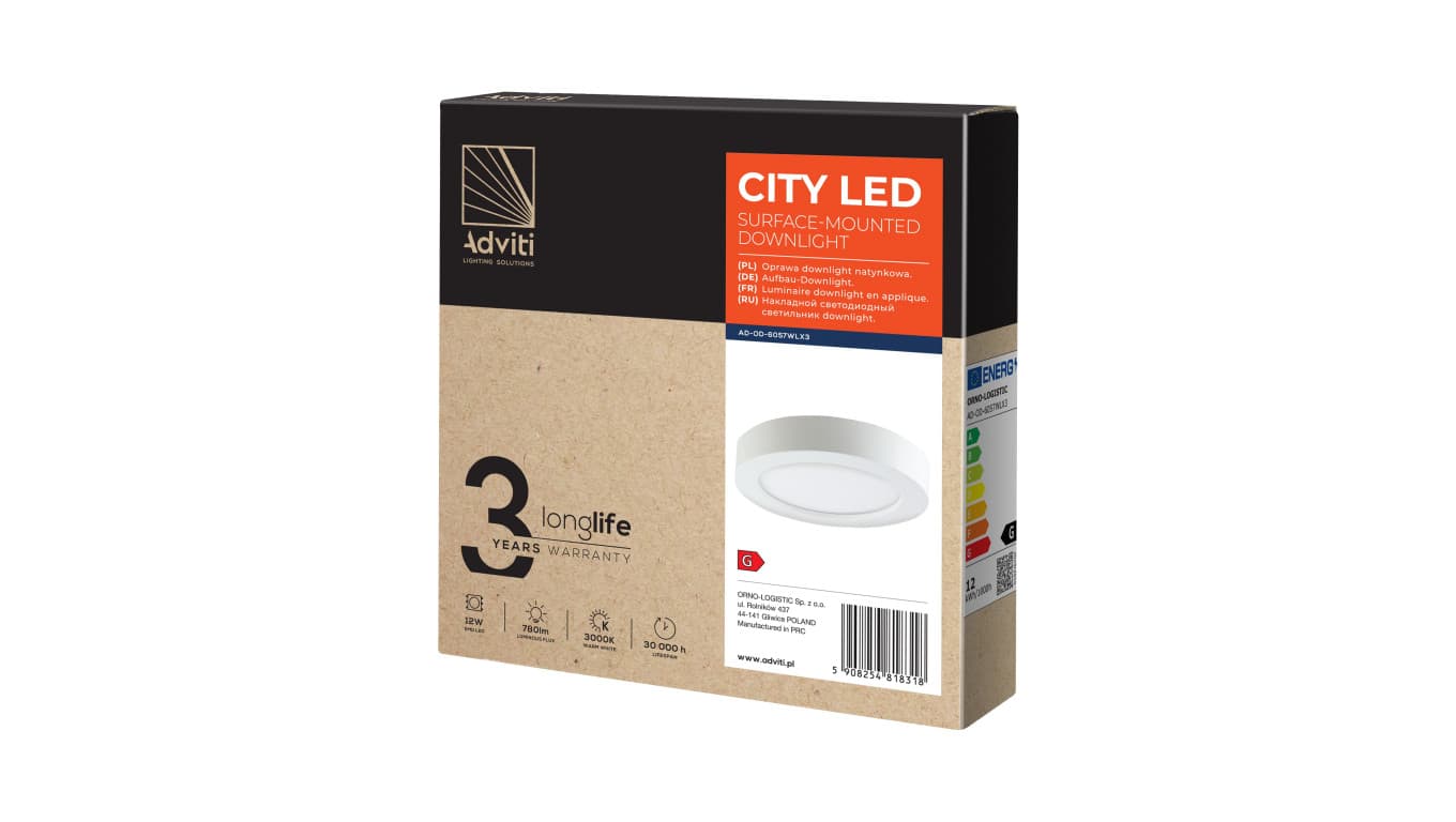 

CITY LED 12W, oprawa downlight, natynkowa, okrągła, 780lm, 3000K, biała, wbudowany zasilacz LED,AD-OD-6057WLX3