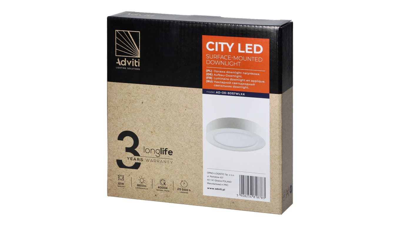 

CITY LED 12W, oprawa downlight, natynkowa, okrągła, 780lm, 4000K, biała, wbudowany zasilacz LED,AD-OD-6057WLX4