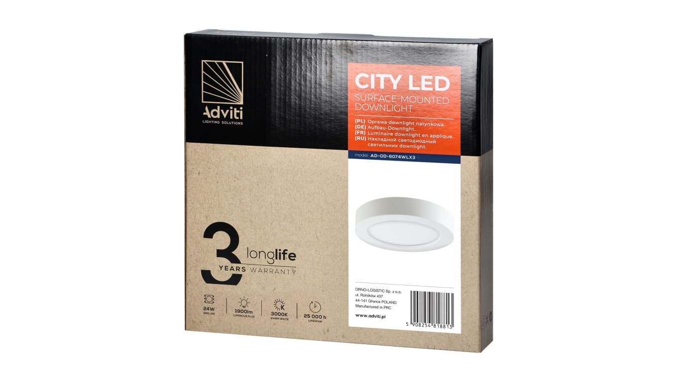 

CITY LED 24W, oprawa downlight, natynkowa, okrągła, 1900lm, 4000K, biała, wbudowany zasilacz LED,AD-OD-6074WLX4